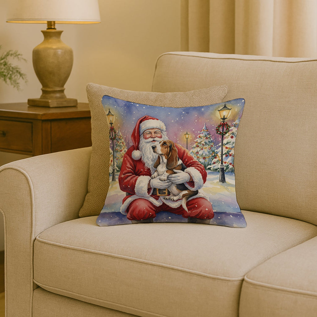 Basset Hound with Santa Claus Decorative Throw Pillow 18x18 Indoor Outdoor Accent Cushion, Fabric Cover with Insert for Sofa, Bed, Porch & Living Room