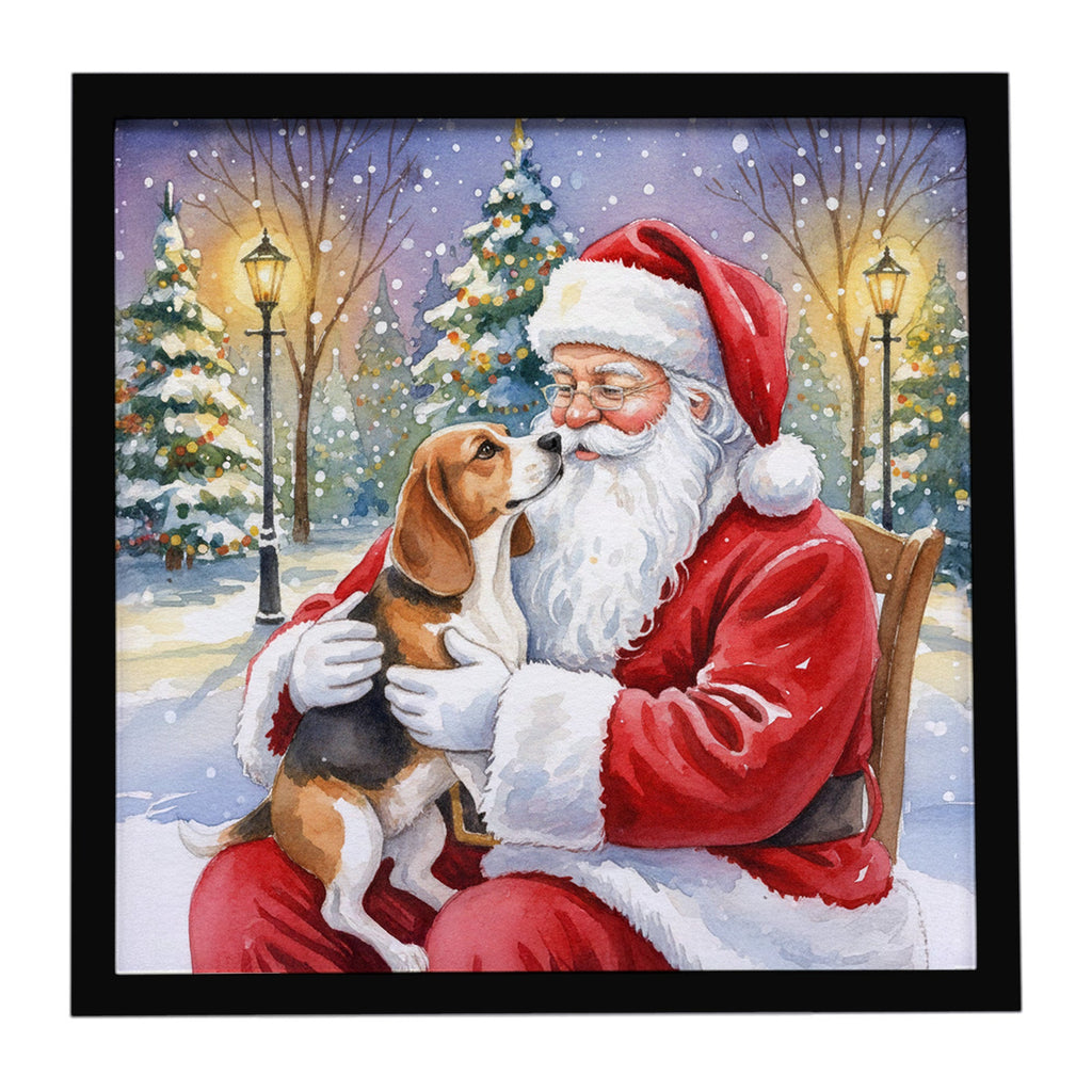 Beagle with Santa Claus Framed Metal Print Bathroom, Kitchen, Office, Home Decor Wall Art Ready to Hang, Square, 8X8