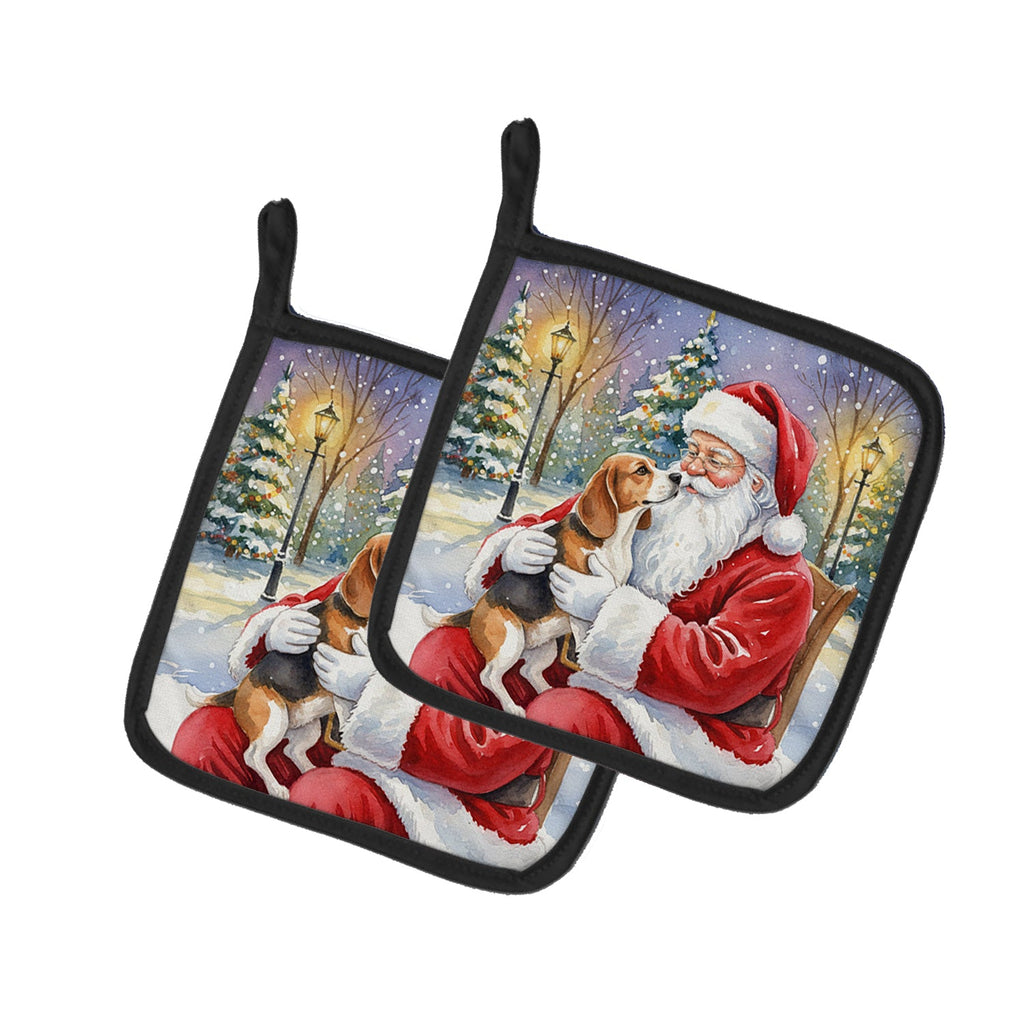 Beagle with Santa Claus Pot Holder Set of 2 Heat Resistant Quilted Hot Pads 7.5 x 7.5 Inch, Insulated Kitchen Trivets for Cooking & Baking