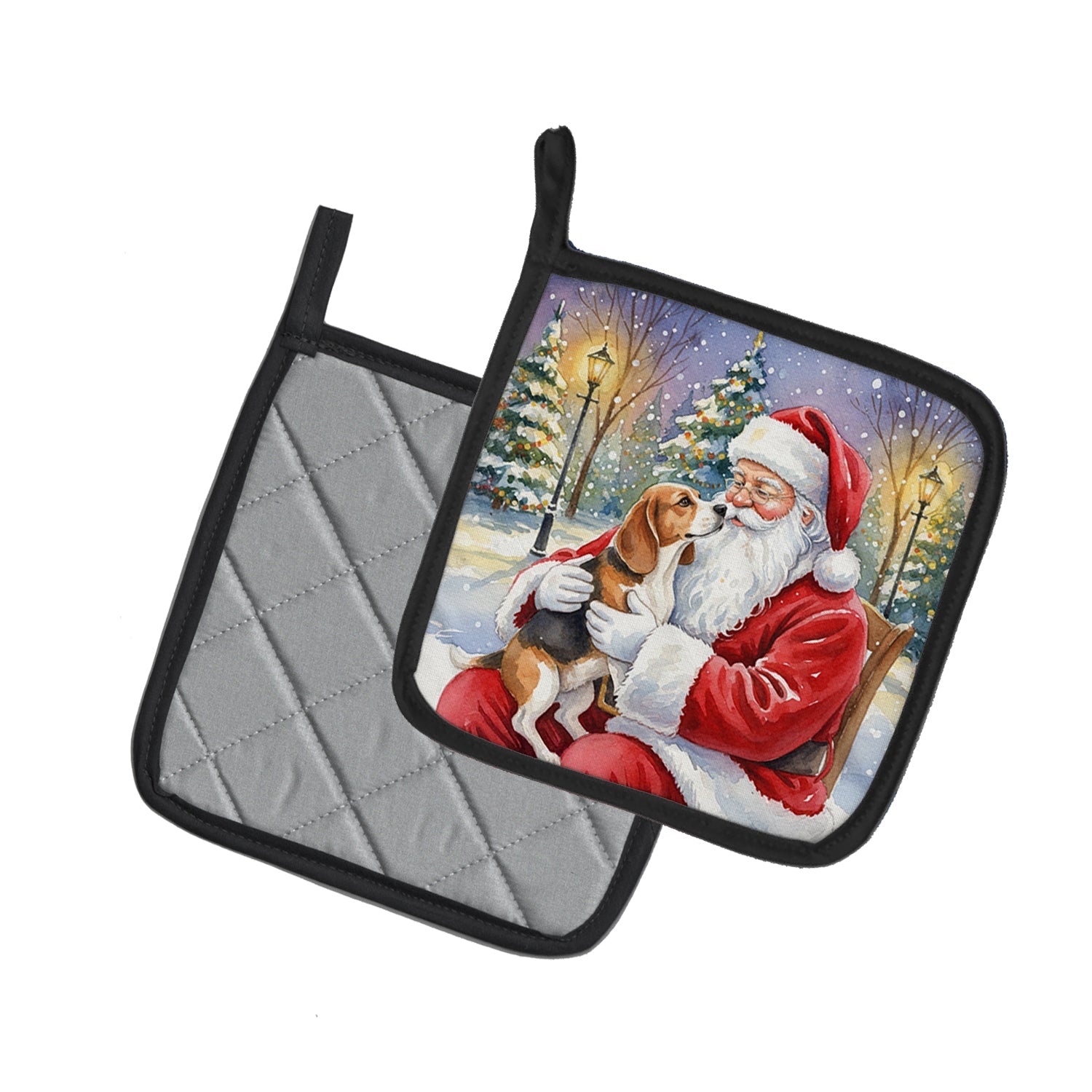 Beagle with Santa Claus Pot Holder Set of 2 Heat Resistant Quilted Hot Pads 7.5 x 7.5 Inch, Insulated Kitchen Trivets for Cooking & Baking