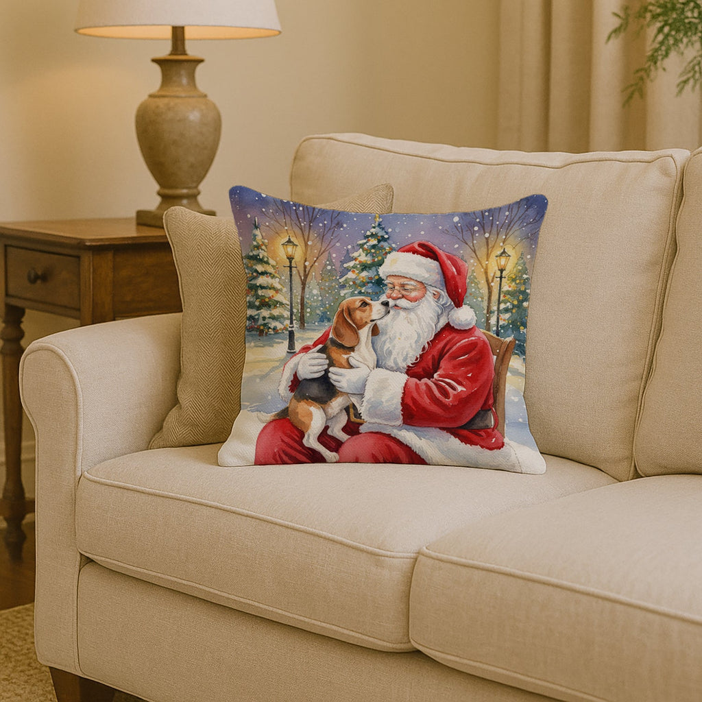Beagle with Santa Claus Decorative Throw Pillow 14x14 Indoor Outdoor Accent Cushion, Fabric Cover with Insert for Sofa, Bed, Porch & Living Room