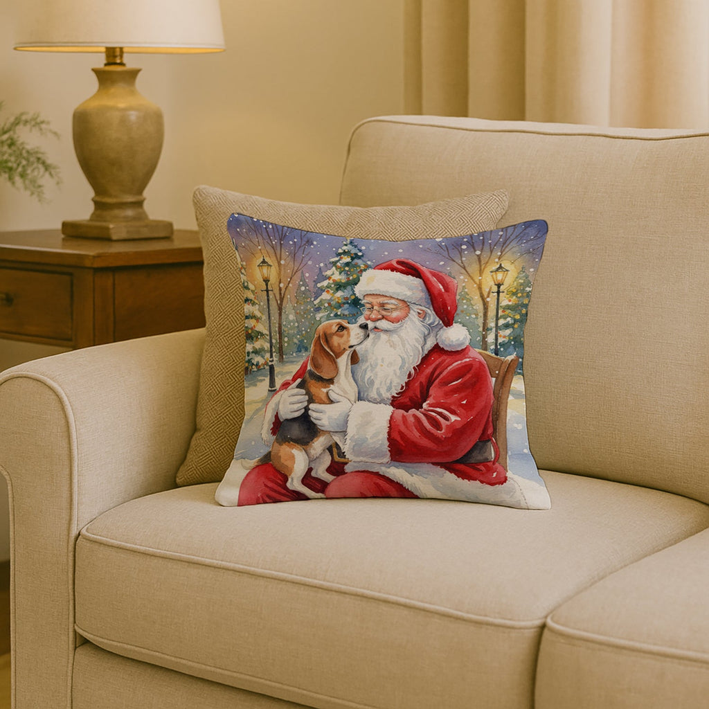 Beagle with Santa Claus Decorative Throw Pillow 18x18 Indoor Outdoor Accent Cushion, Fabric Cover with Insert for Sofa, Bed, Porch & Living Room