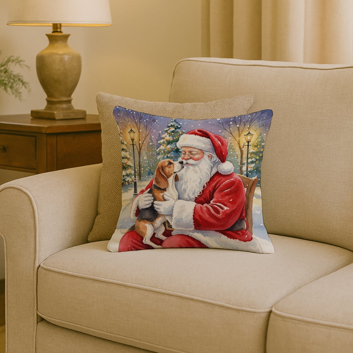 Beagle with Santa Claus Decorative Throw Pillow 18x18 Indoor Outdoor Accent Cushion, Fabric Cover with Insert for Sofa, Bed, Porch & Living Room