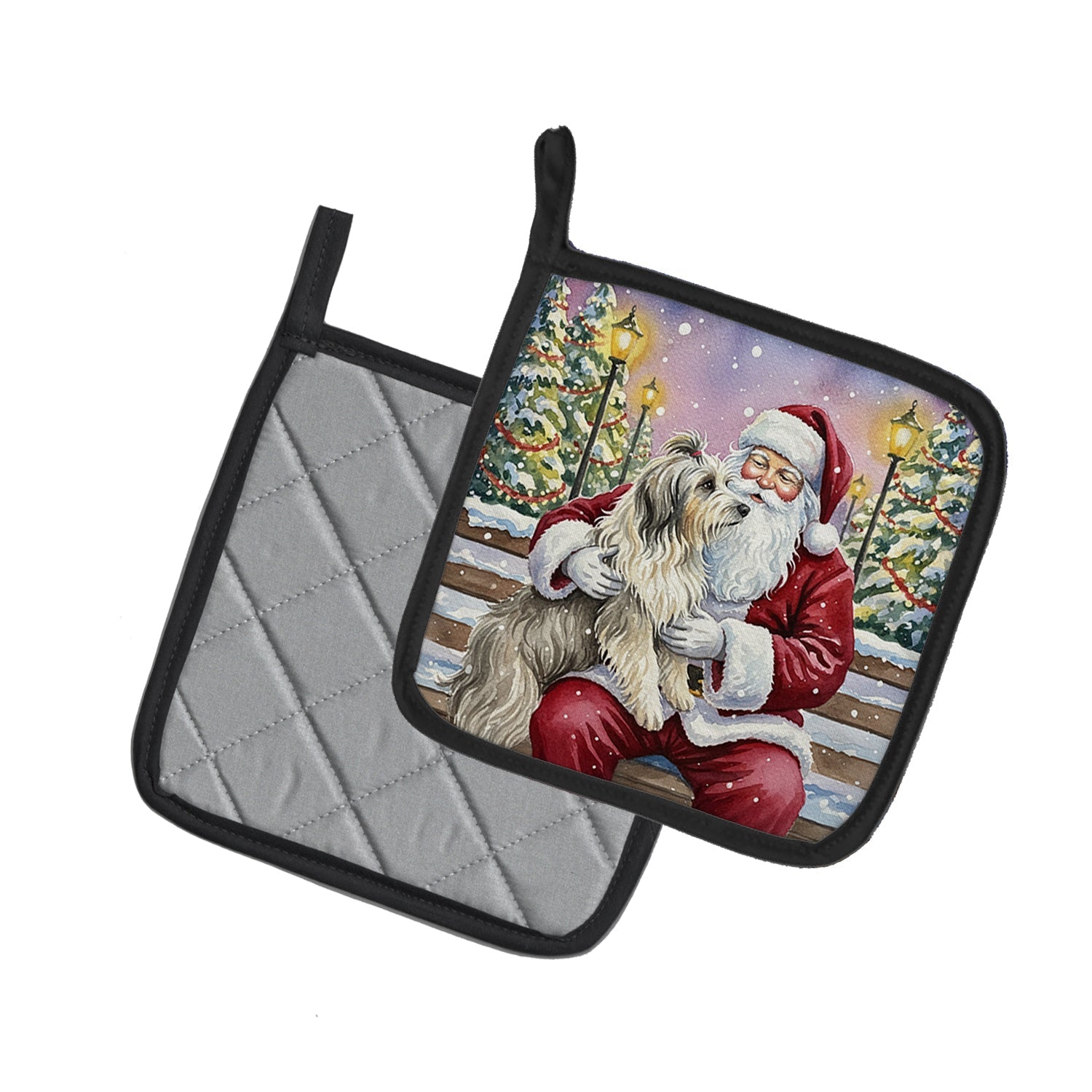 Bearded Collie with Santa Claus Pot Holder Set of 2 Heat Resistant Quilted Hot Pads 7.5 x 7.5 Inch, Insulated Kitchen Trivets for Cooking & Baking