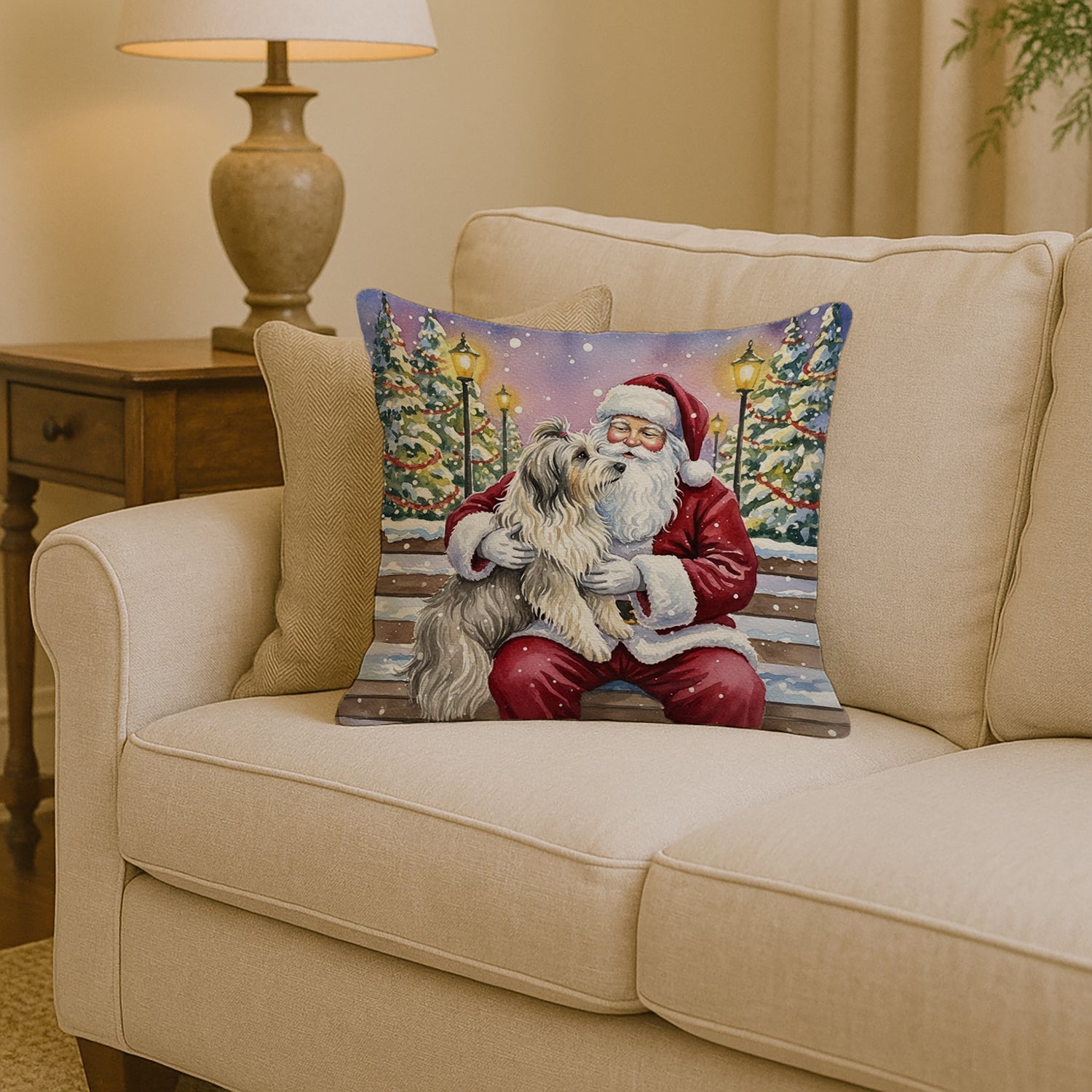Bearded Collie with Santa Claus Decorative Throw Pillow 14x14 Indoor Outdoor Accent Cushion, Fabric Cover with Insert for Sofa, Bed, Porch & Living Room