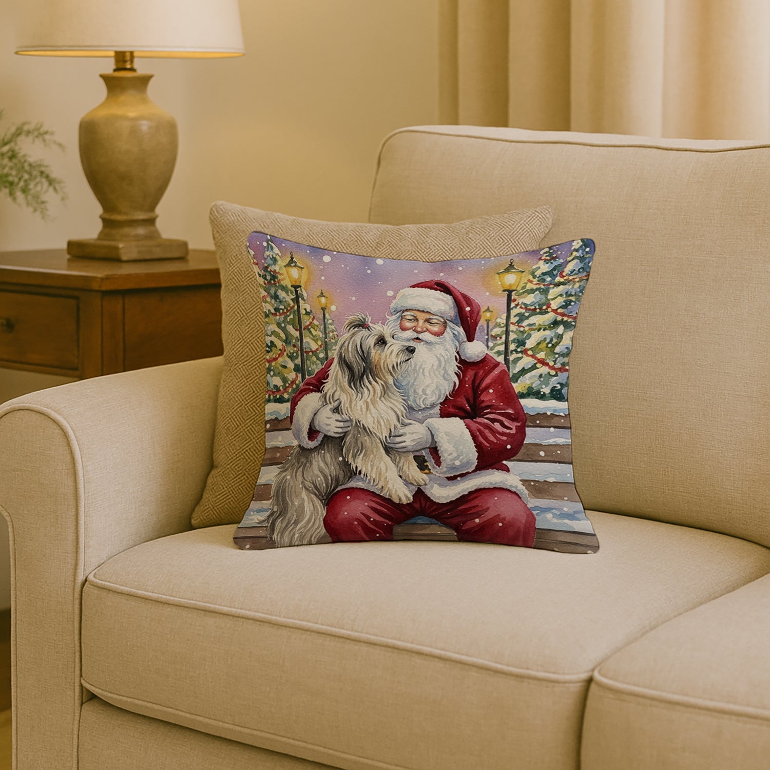 Bearded Collie with Santa Claus Decorative Throw Pillow 18x18 Indoor Outdoor Accent Cushion, Fabric Cover with Insert for Sofa, Bed, Porch & Living Room