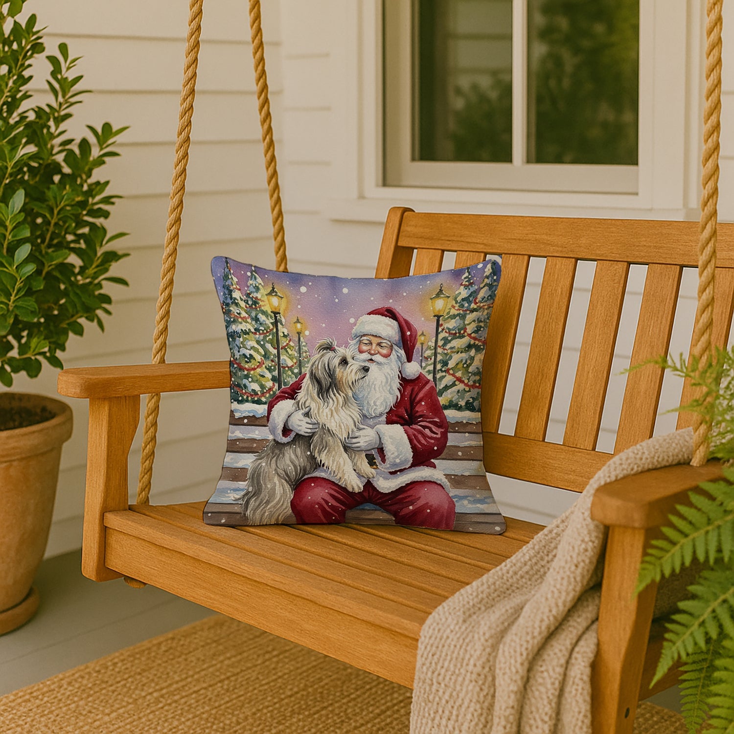 Bearded Collie with Santa Claus Decorative Throw Pillow 18x18 Indoor Outdoor Accent Cushion, Fabric Cover with Insert for Sofa, Bed, Porch & Living Room