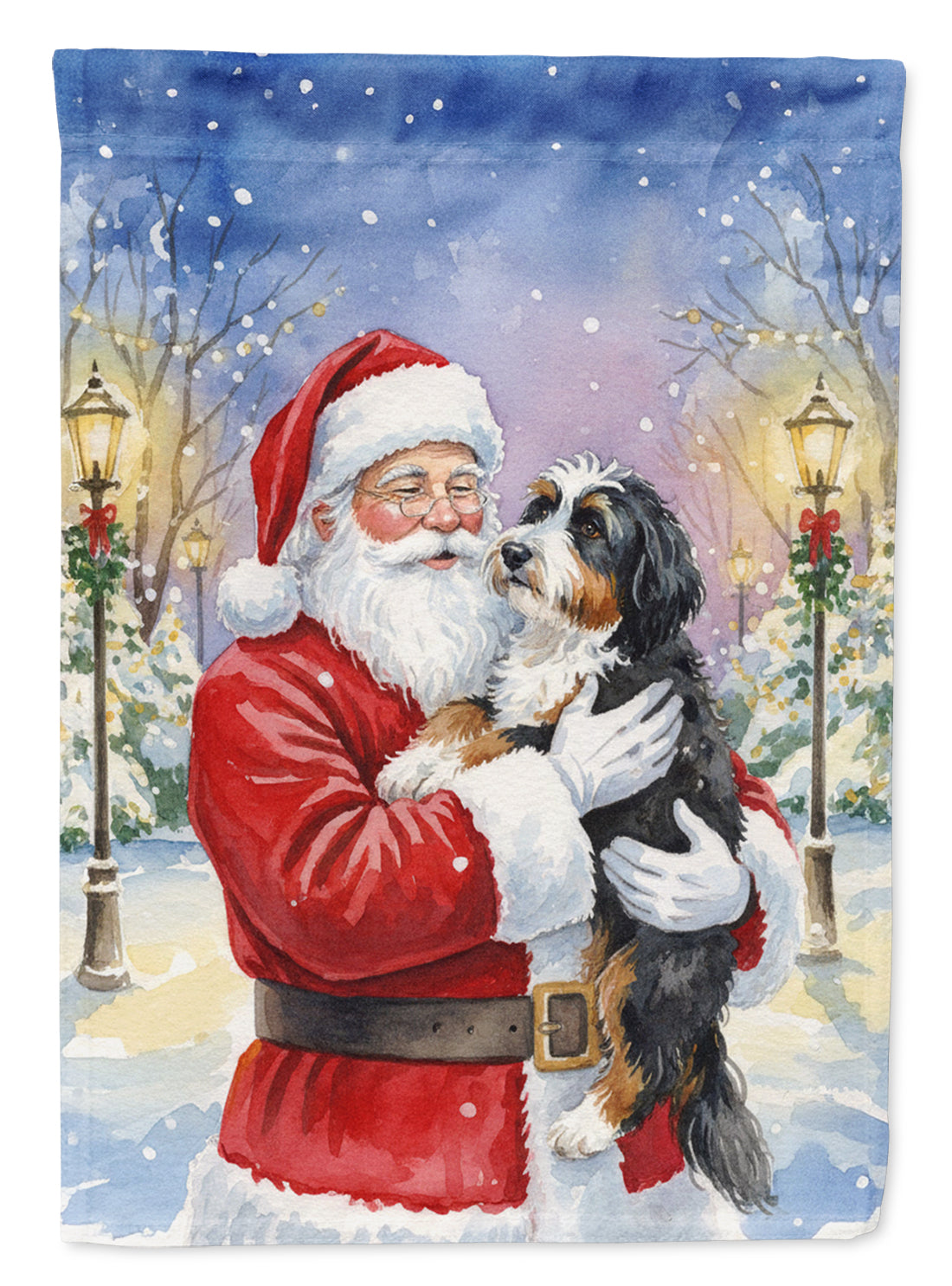 Bernedoodle with Santa Claus House Flag 28x40 Porch Sleeve Pole Decorative Outside Yard Banner Artwork Wall Hanging, Polyester
