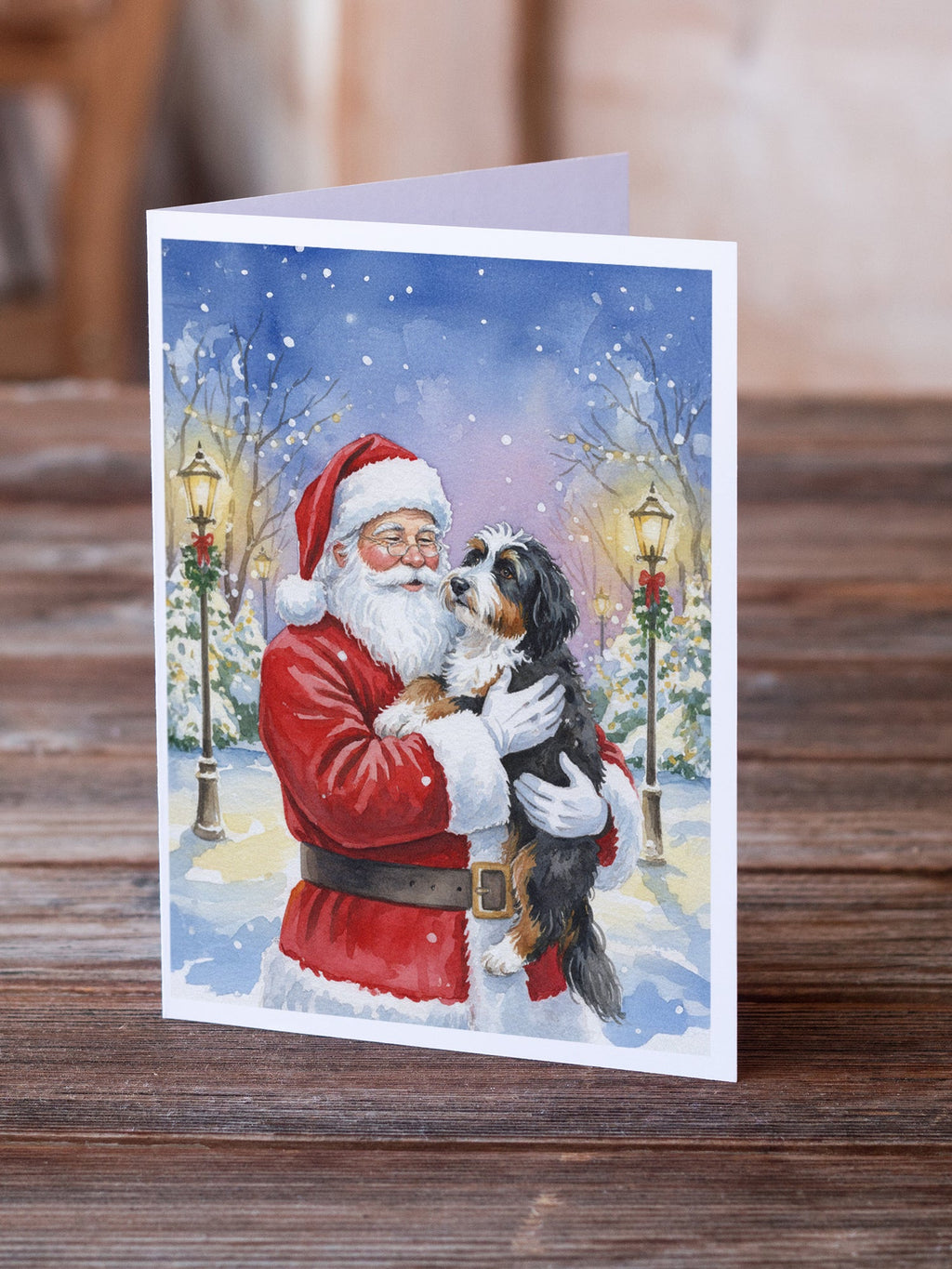 Bernedoodle with Santa Claus Greeting Cards Pack of 8 Blank Cards with Envelopes Whimsical A7 Size 5x7