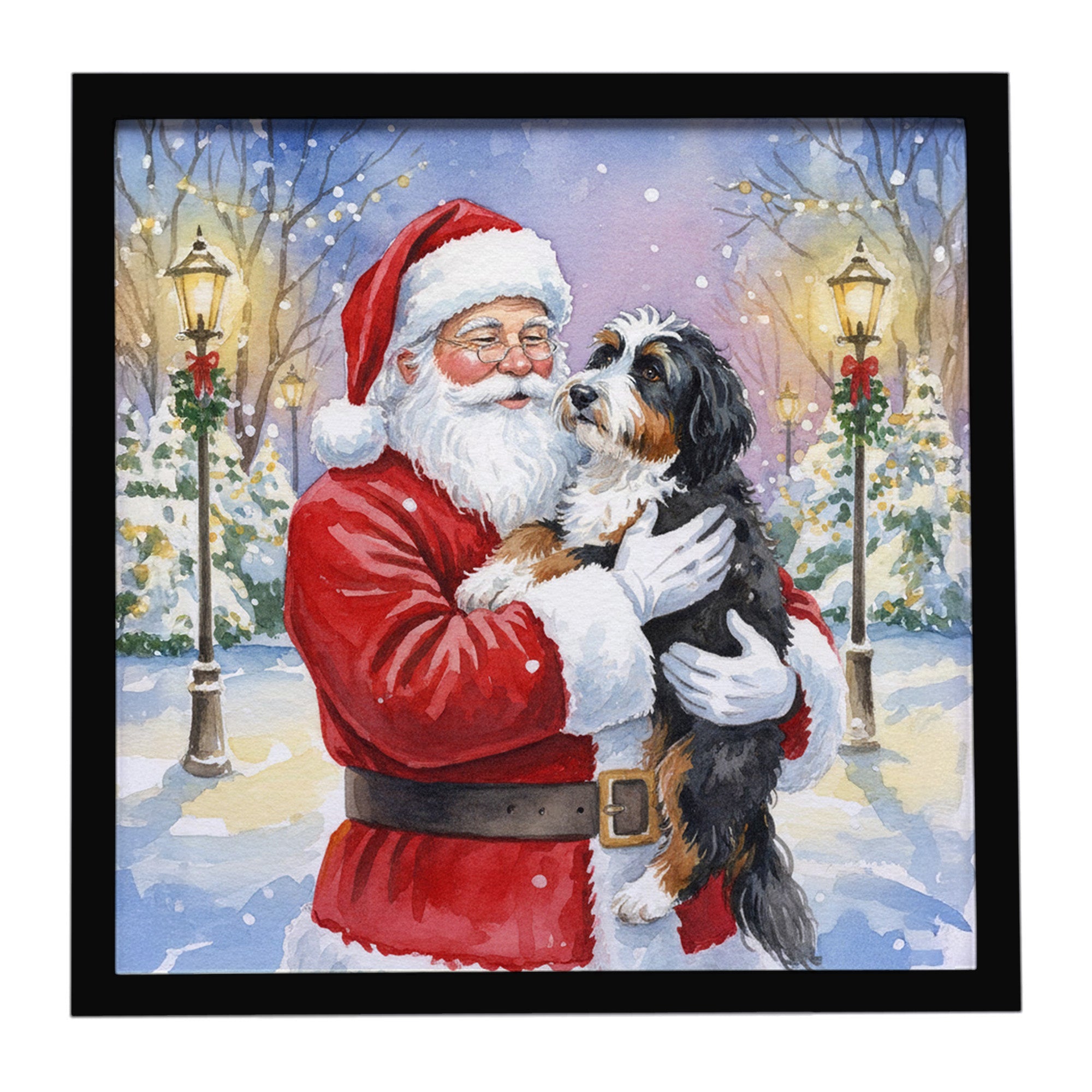 Bernedoodle with Santa Claus Framed Metal Print Bathroom, Kitchen, Office, Home Decor Wall Art Ready to Hang, Square, 8X8