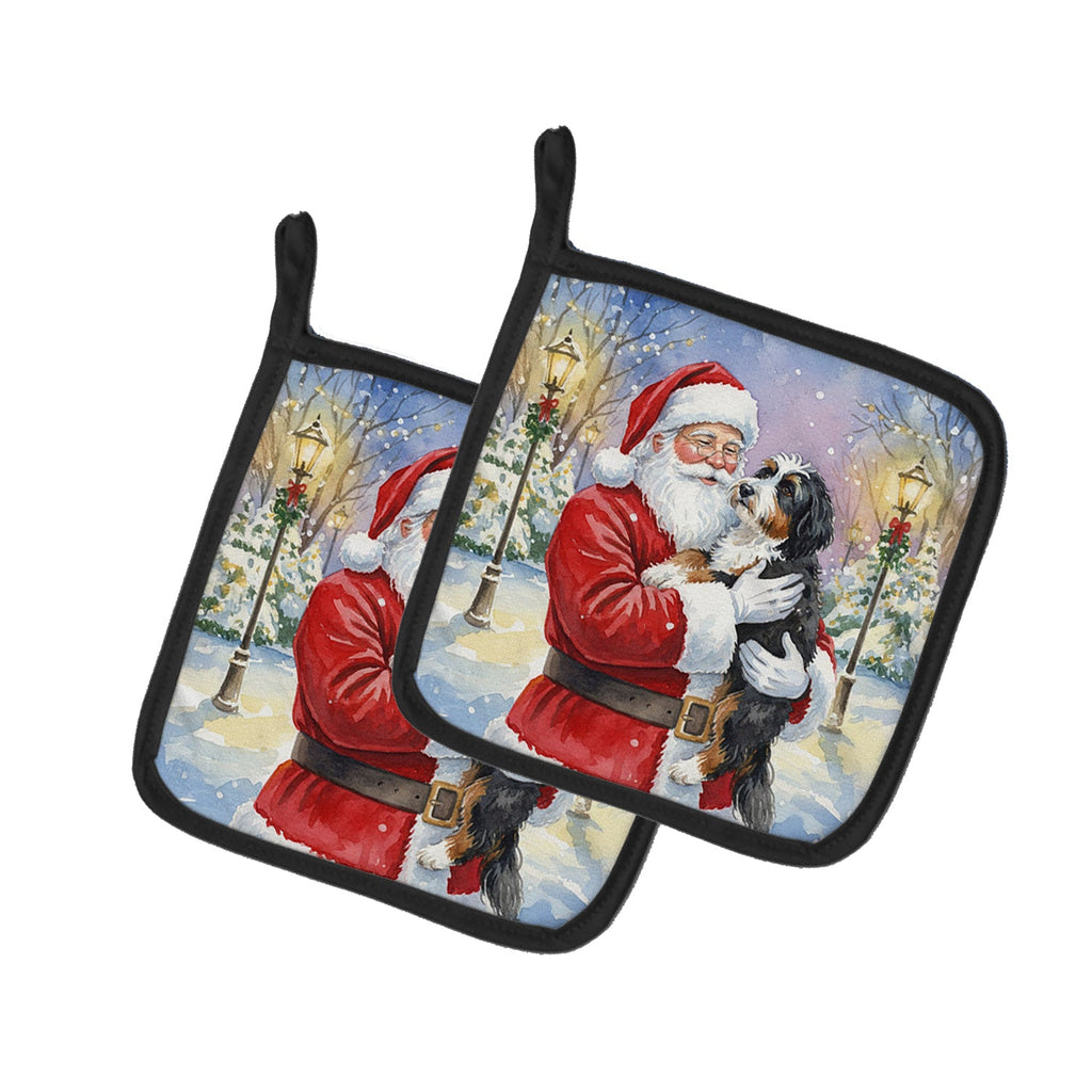 Bernedoodle with Santa Claus Pot Holder Set of 2 Heat Resistant Quilted Hot Pads 7.5 x 7.5 Inch, Insulated Kitchen Trivets for Cooking & Baking
