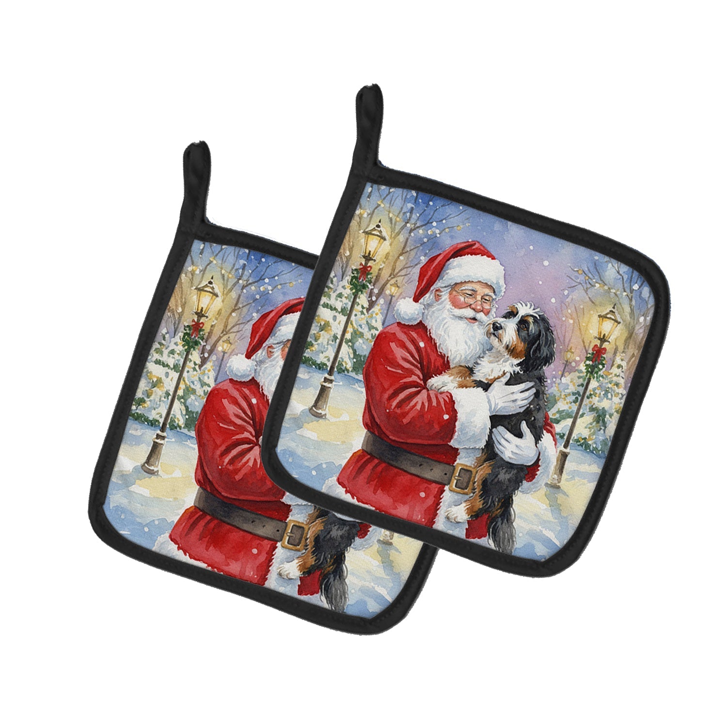 Bernedoodle with Santa Claus Pot Holder Set of 2 Heat Resistant Quilted Hot Pads 7.5 x 7.5 Inch, Insulated Kitchen Trivets for Cooking & Baking