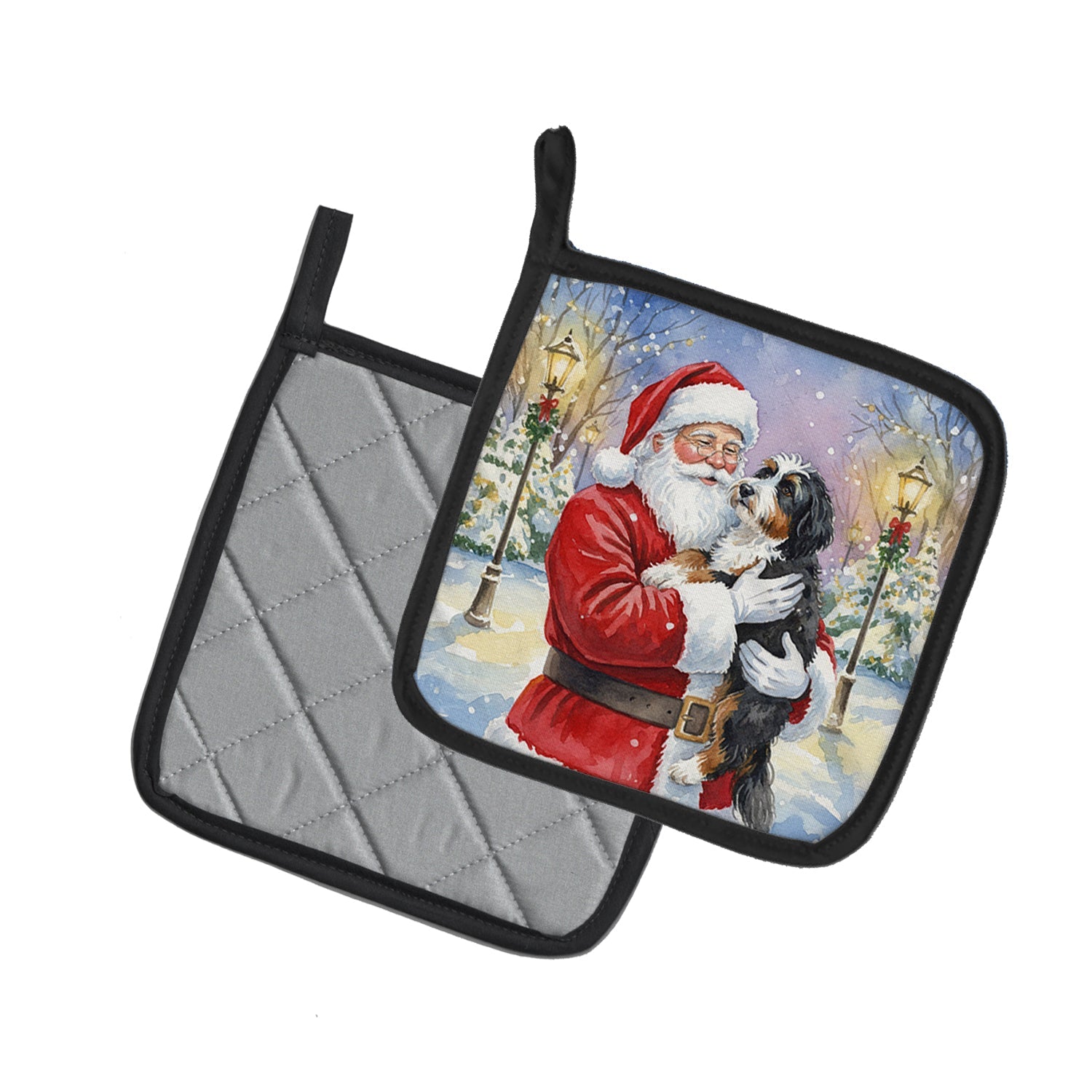 Bernedoodle with Santa Claus Pot Holder Set of 2 Heat Resistant Quilted Hot Pads 7.5 x 7.5 Inch, Insulated Kitchen Trivets for Cooking & Baking