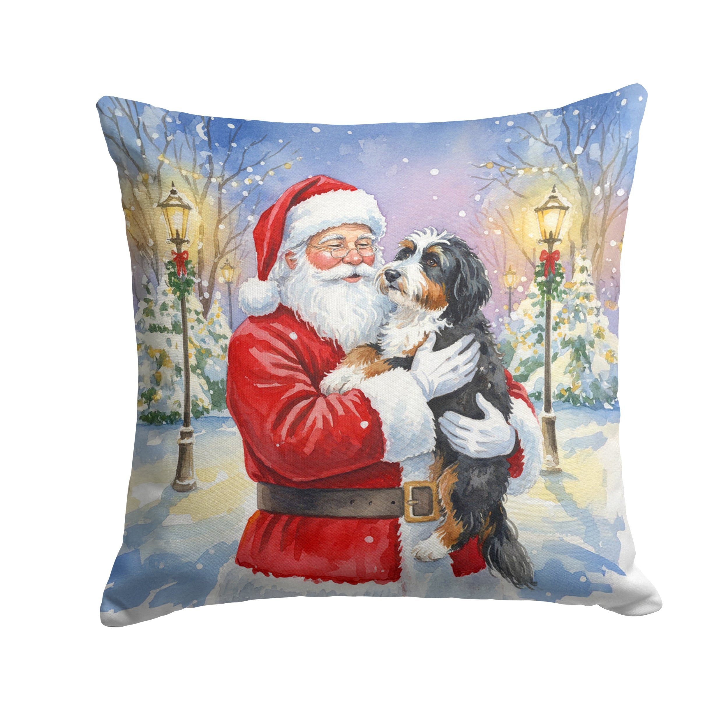 Bernedoodle with Santa Claus Decorative Throw Pillow 14x14 Indoor Outdoor Accent Cushion, Fabric Cover with Insert for Sofa, Bed, Porch & Living Room