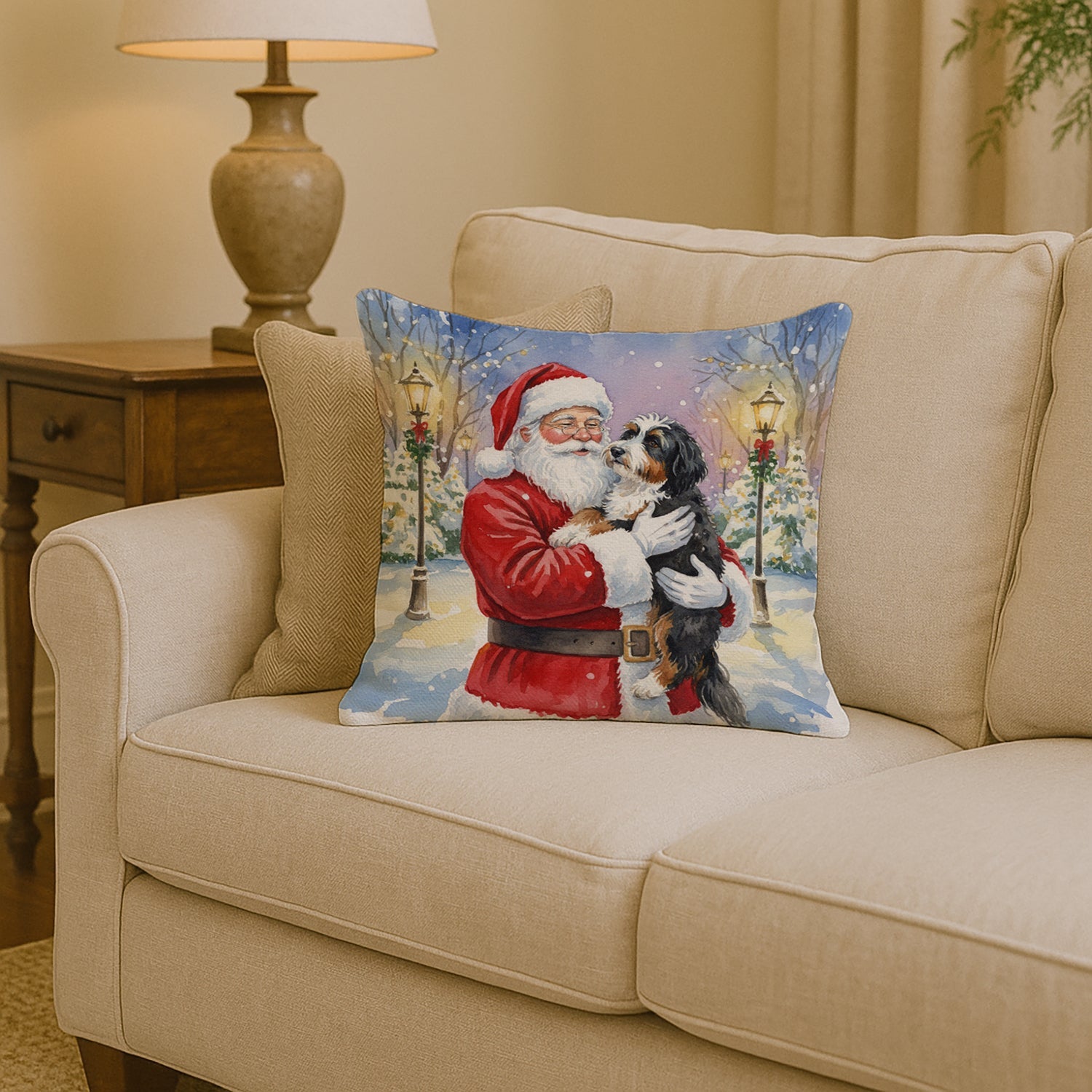 Bernedoodle with Santa Claus Decorative Throw Pillow 14x14 Indoor Outdoor Accent Cushion, Fabric Cover with Insert for Sofa, Bed, Porch & Living Room