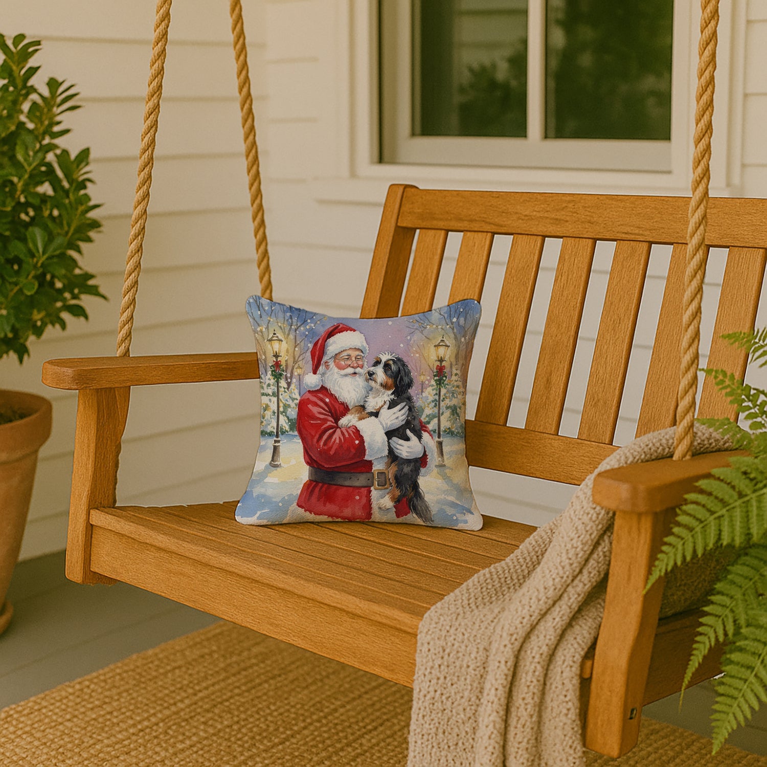 Bernedoodle with Santa Claus Decorative Throw Pillow 14x14 Indoor Outdoor Accent Cushion, Fabric Cover with Insert for Sofa, Bed, Porch & Living Room