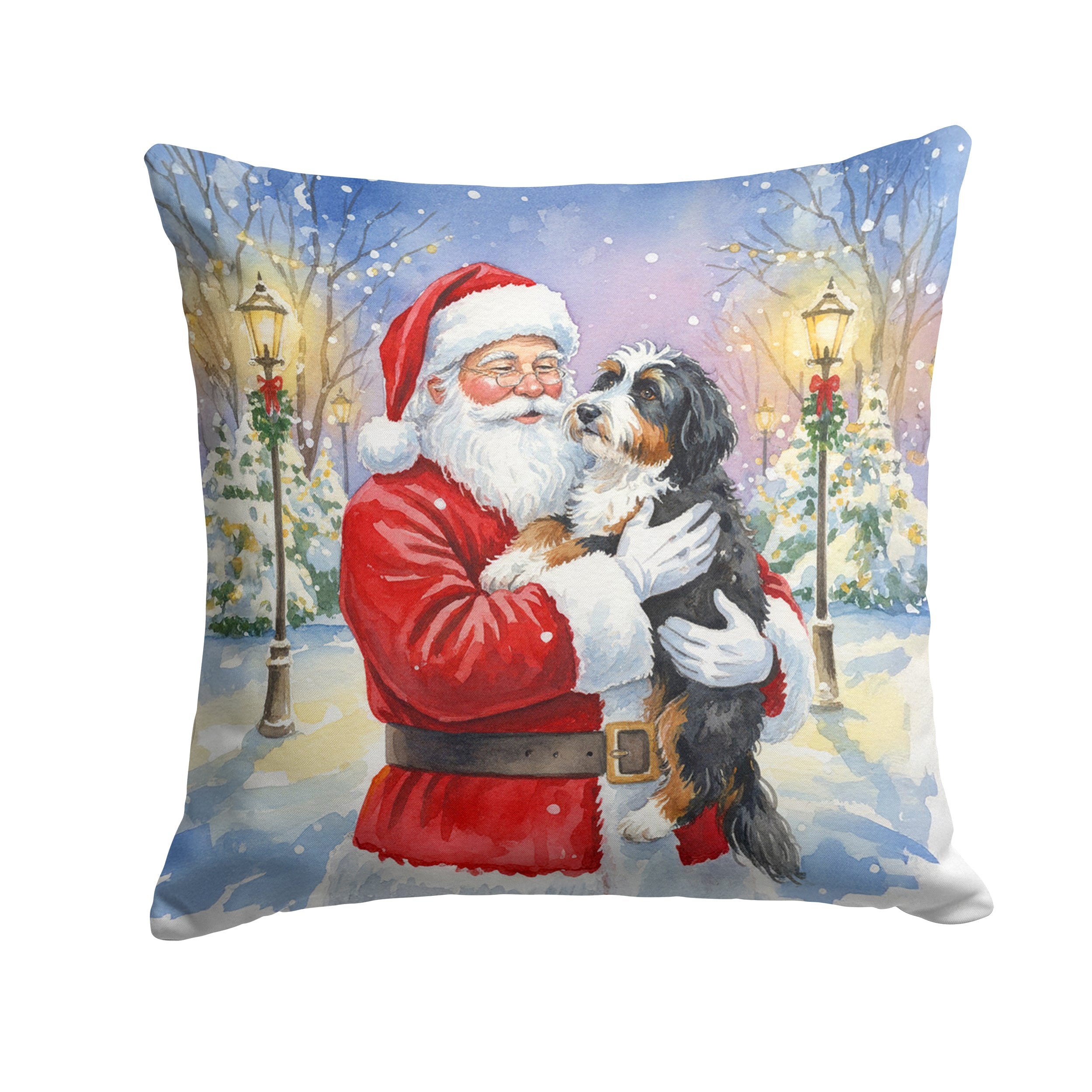 Bernedoodle with Santa Claus Decorative Throw Pillow 18x18 Indoor Outdoor Accent Cushion, Fabric Cover with Insert for Sofa, Bed, Porch & Living Room