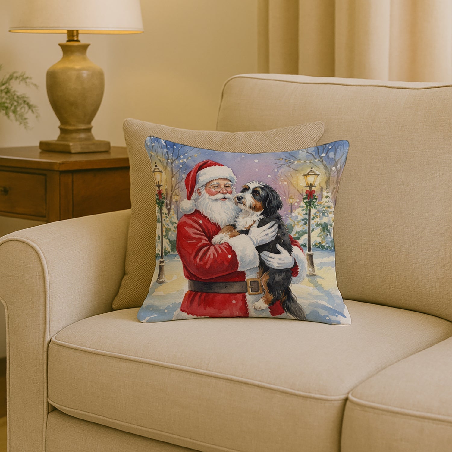 Bernedoodle with Santa Claus Decorative Throw Pillow 18x18 Indoor Outdoor Accent Cushion, Fabric Cover with Insert for Sofa, Bed, Porch & Living Room
