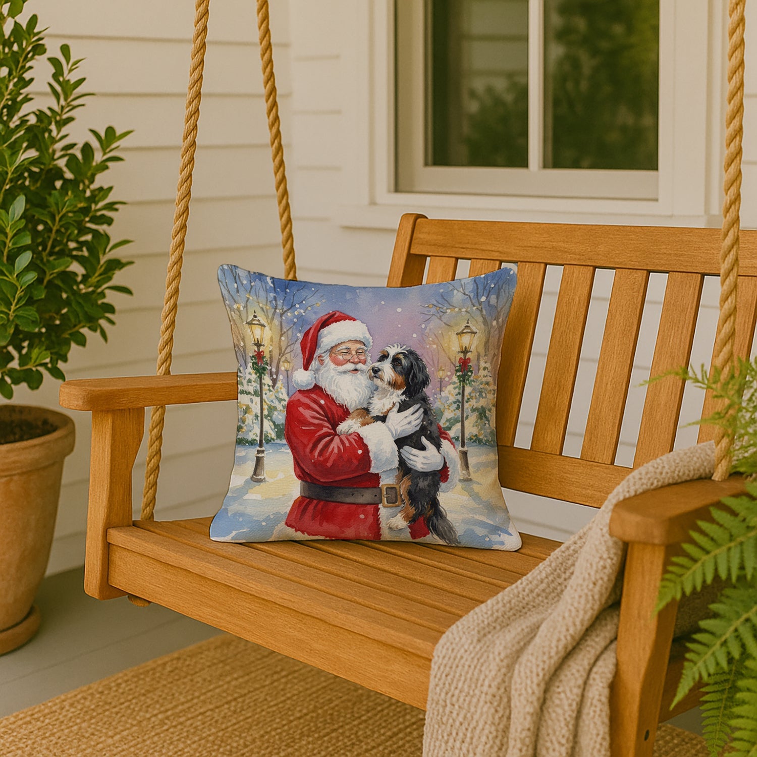 Bernedoodle with Santa Claus Decorative Throw Pillow 18x18 Indoor Outdoor Accent Cushion, Fabric Cover with Insert for Sofa, Bed, Porch & Living Room