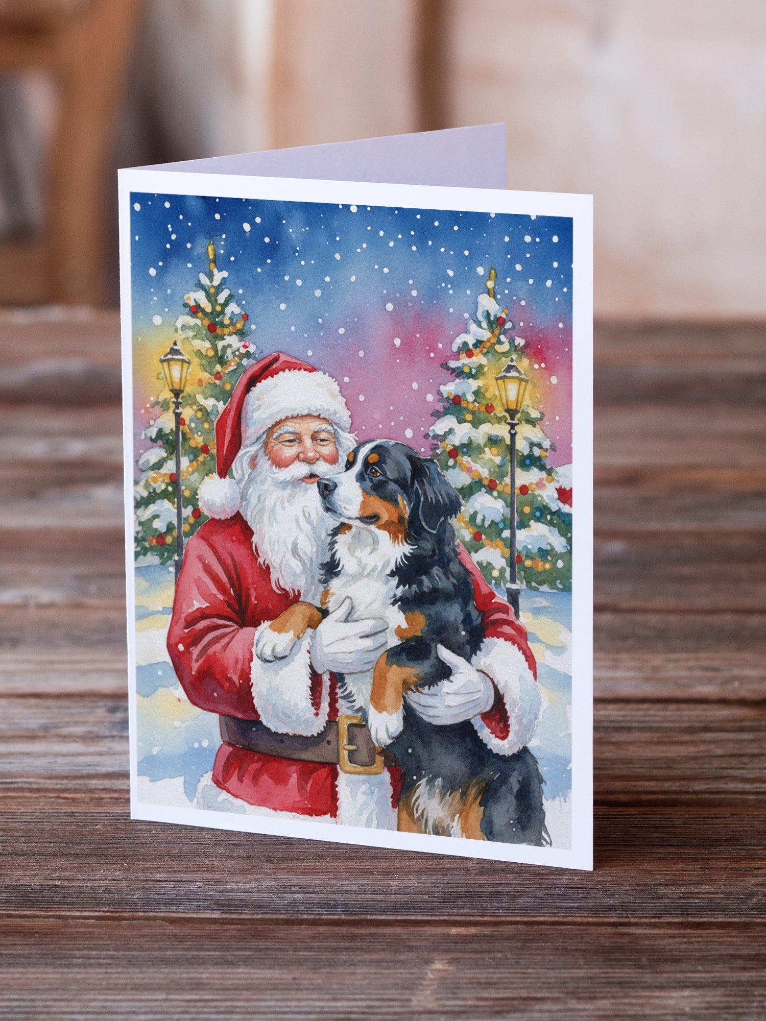Bernese Mountain Dog with Santa Claus Greeting Cards Pack of 8 Blank Cards with Envelopes Whimsical A7 Size 5x7