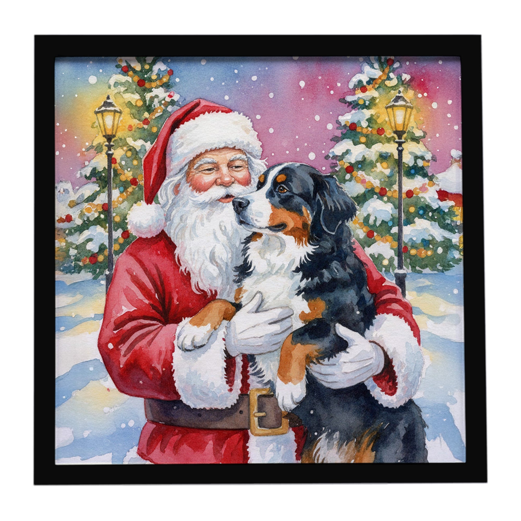 Bernese Mountain Dog with Santa Claus Framed Metal Print Bathroom, Kitchen, Office, Home Decor Wall Art Ready to Hang, Square, 8X8