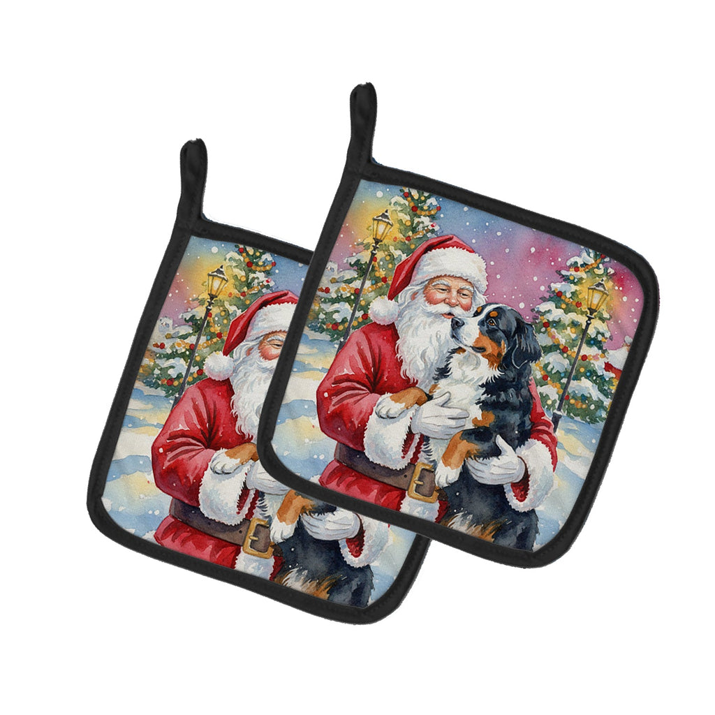 Bernese Mountain Dog with Santa Claus Pot Holder Set of 2 Heat Resistant Quilted Hot Pads 7.5 x 7.5 Inch, Insulated Kitchen Trivets for Cooking & Baking