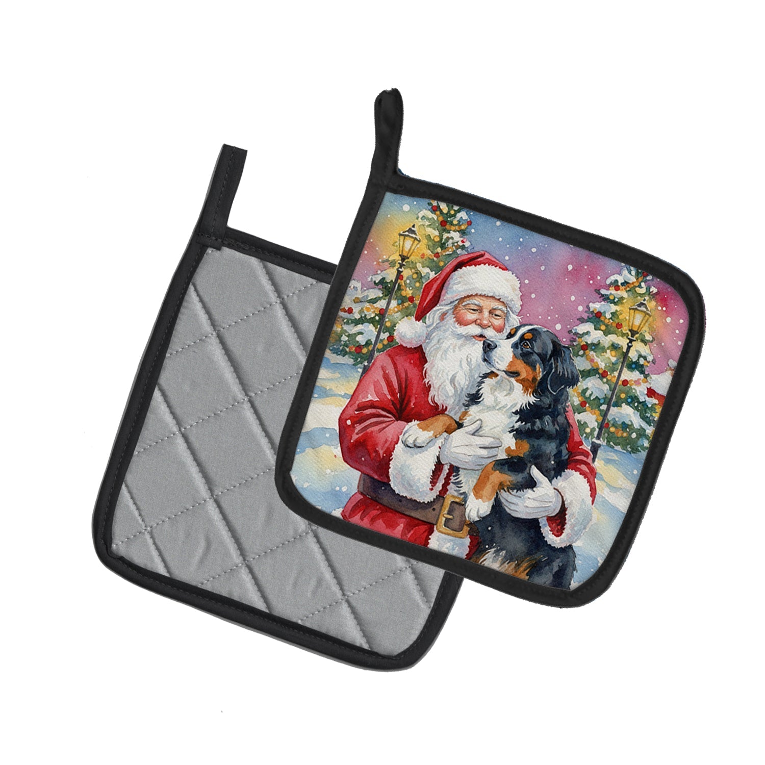 Bernese Mountain Dog with Santa Claus Pot Holder Set of 2 Heat Resistant Quilted Hot Pads 7.5 x 7.5 Inch, Insulated Kitchen Trivets for Cooking & Baking