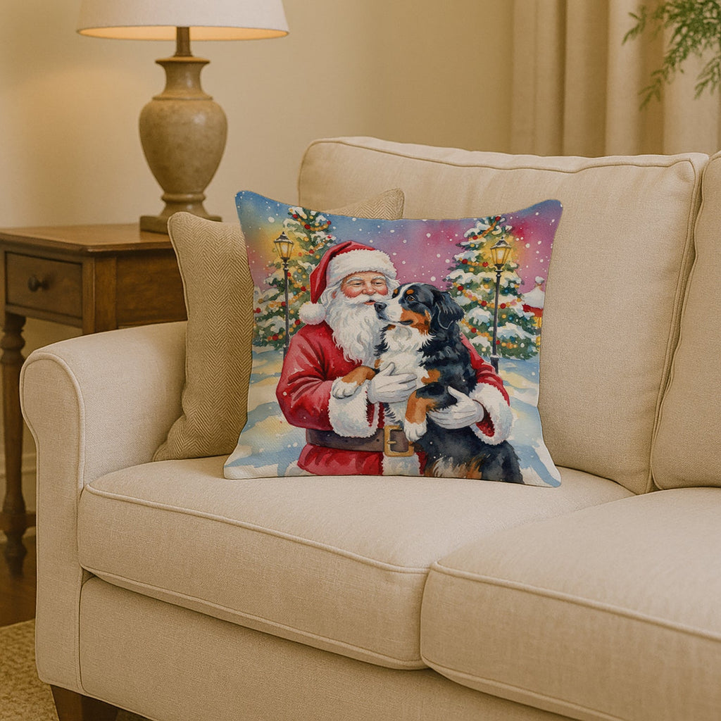 Bernese Mountain Dog with Santa Claus Decorative Throw Pillow 14x14 Indoor Outdoor Accent Cushion, Fabric Cover with Insert for Sofa, Bed, Porch & Living Room