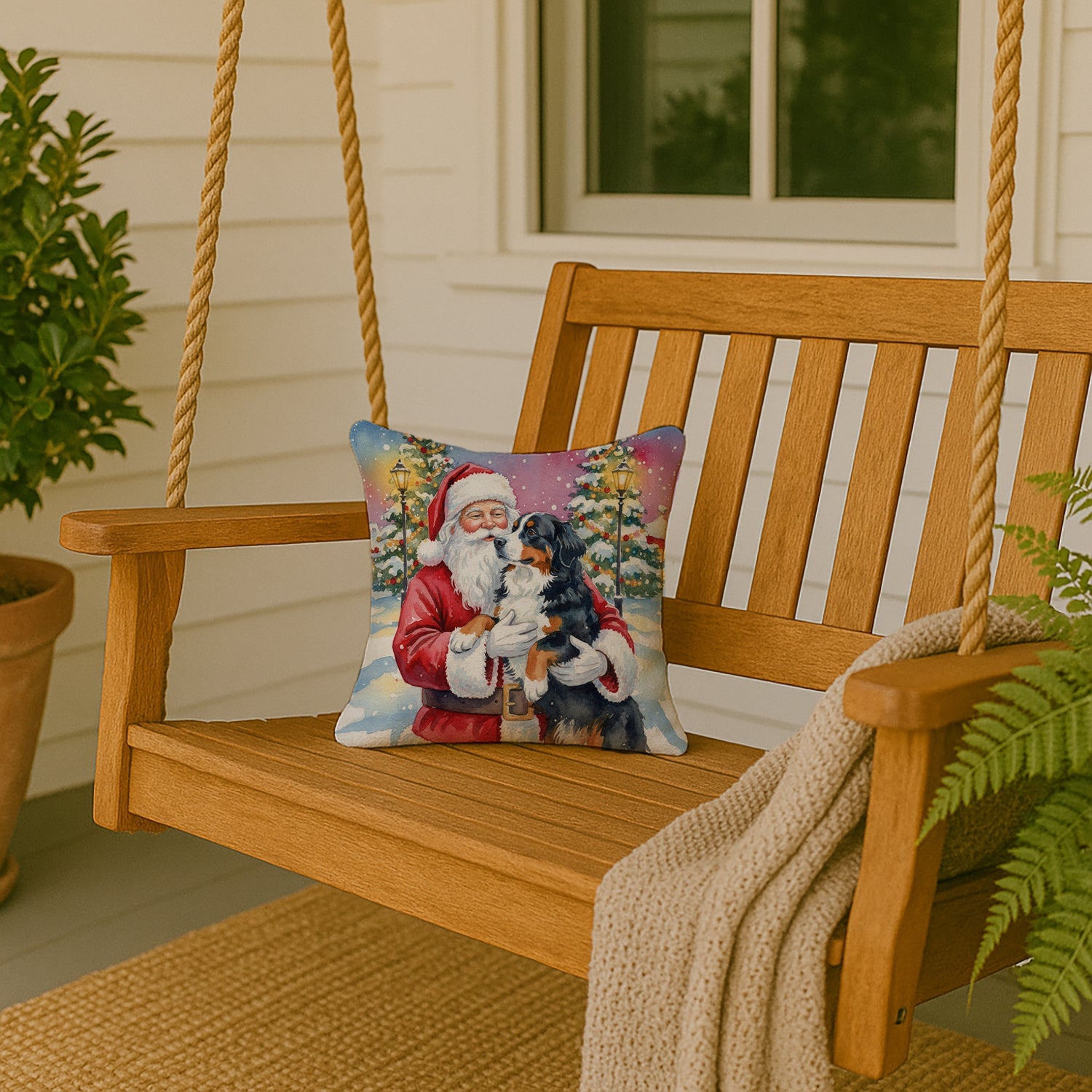 Bernese Mountain Dog with Santa Claus Decorative Throw Pillow 14x14 Indoor Outdoor Accent Cushion, Fabric Cover with Insert for Sofa, Bed, Porch & Living Room