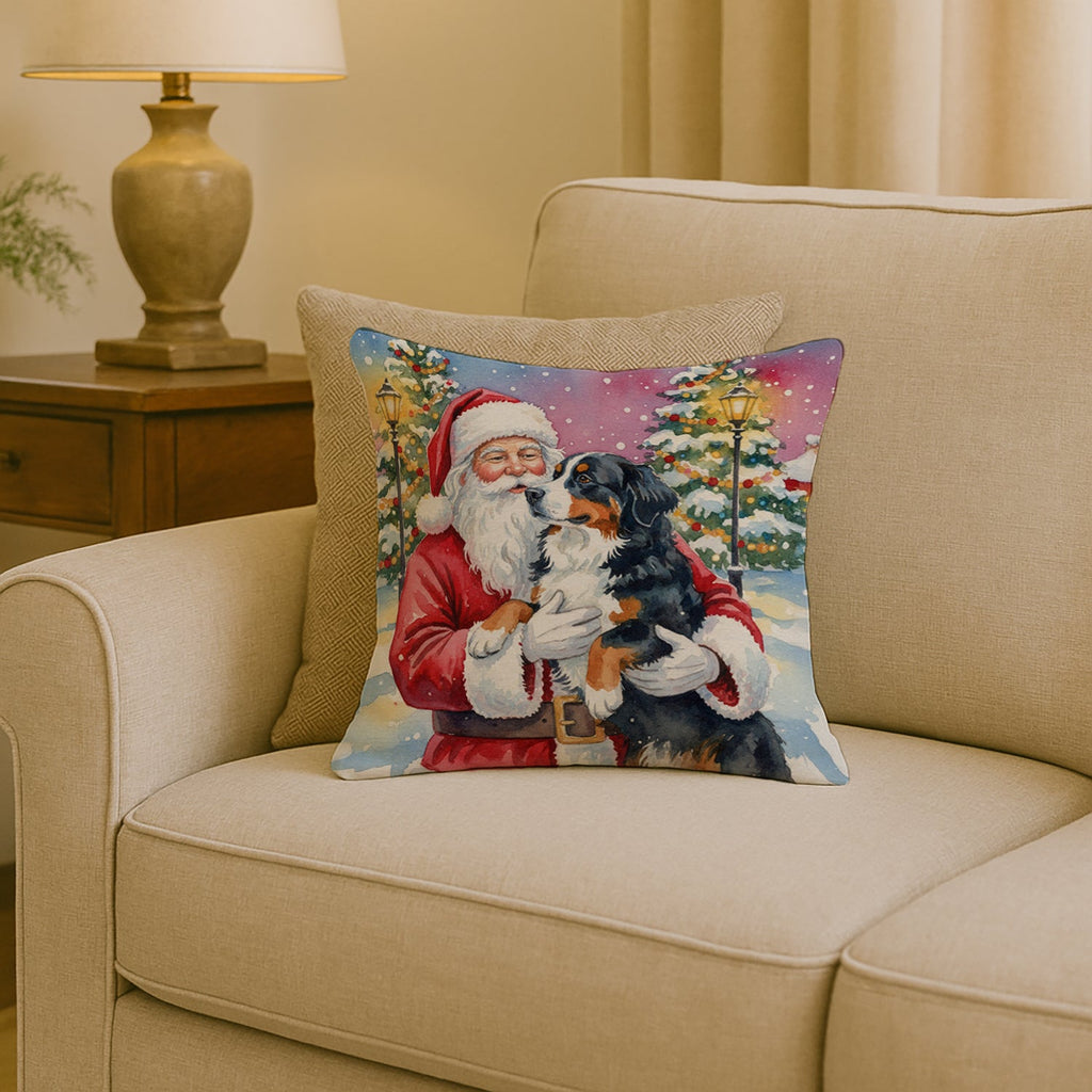 Bernese Mountain Dog with Santa Claus Decorative Throw Pillow 18x18 Indoor Outdoor Accent Cushion, Fabric Cover with Insert for Sofa, Bed, Porch & Living Room