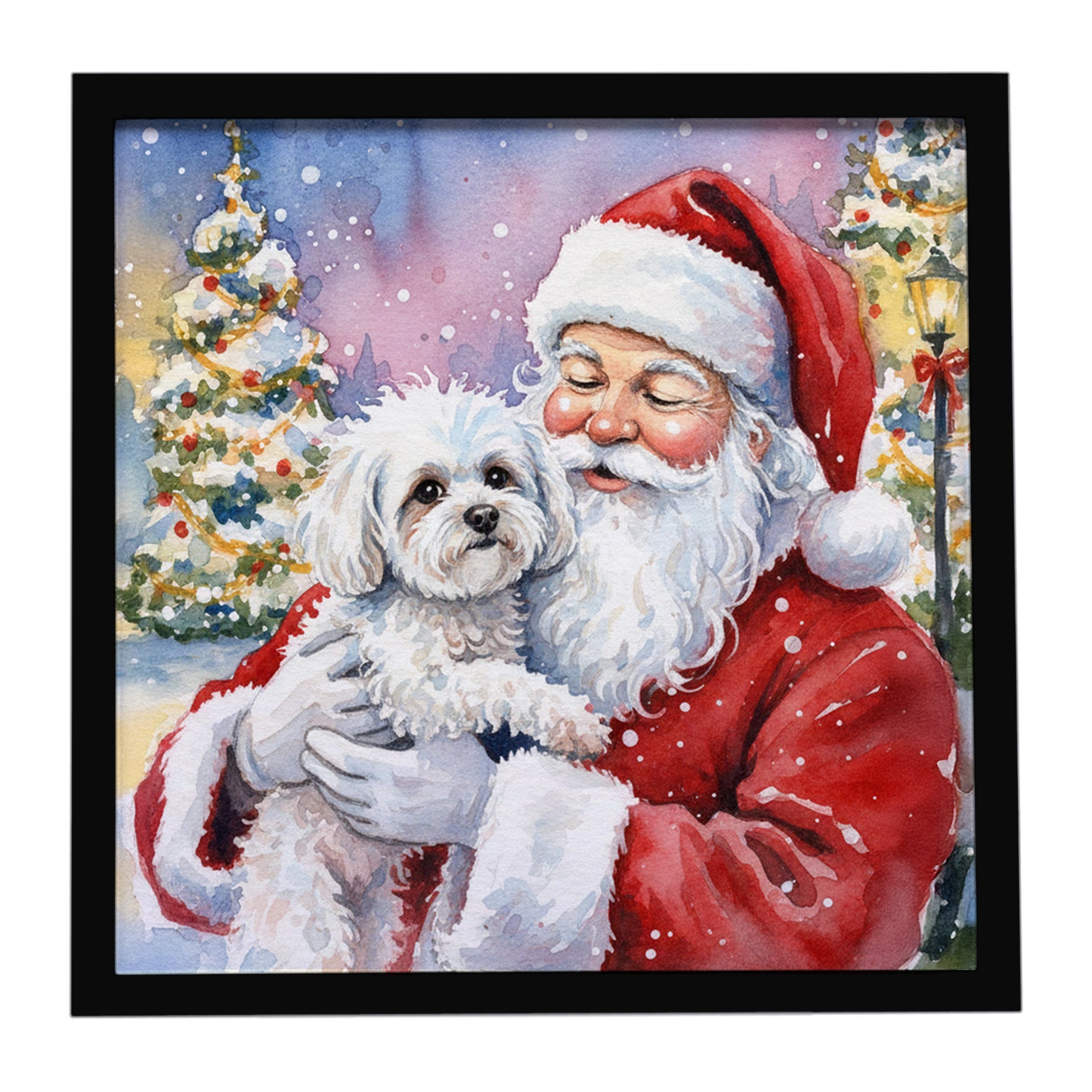 Bichon Frise with Santa Claus Framed Metal Print Bathroom, Kitchen, Office, Home Decor Wall Art Ready to Hang, Square, 8X8