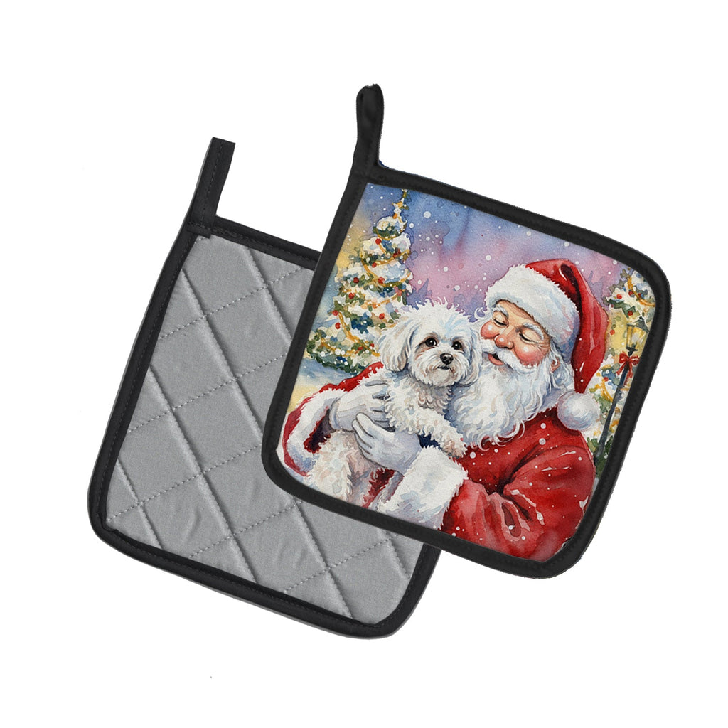 Bichon Frise with Santa Claus Pot Holder Set of 2 Heat Resistant Quilted Hot Pads 7.5 x 7.5 Inch, Insulated Kitchen Trivets for Cooking & Baking
