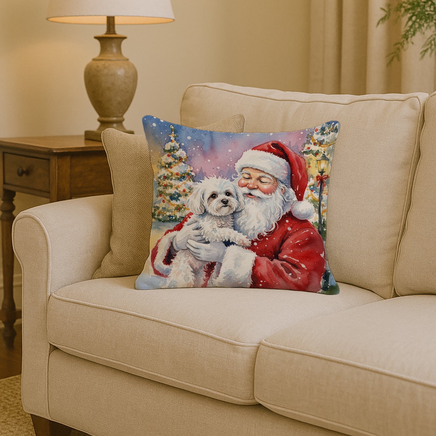 Bichon Frise with Santa Claus Decorative Throw Pillow 14x14 Indoor Outdoor Accent Cushion, Fabric Cover with Insert for Sofa, Bed, Porch & Living Room