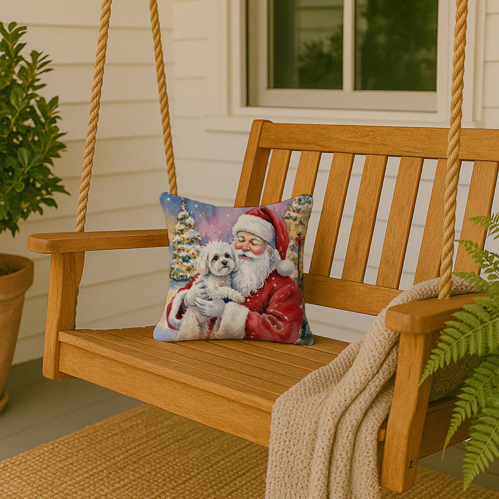 Bichon Frise with Santa Claus Decorative Throw Pillow 14x14 Indoor Outdoor Accent Cushion, Fabric Cover with Insert for Sofa, Bed, Porch & Living Room