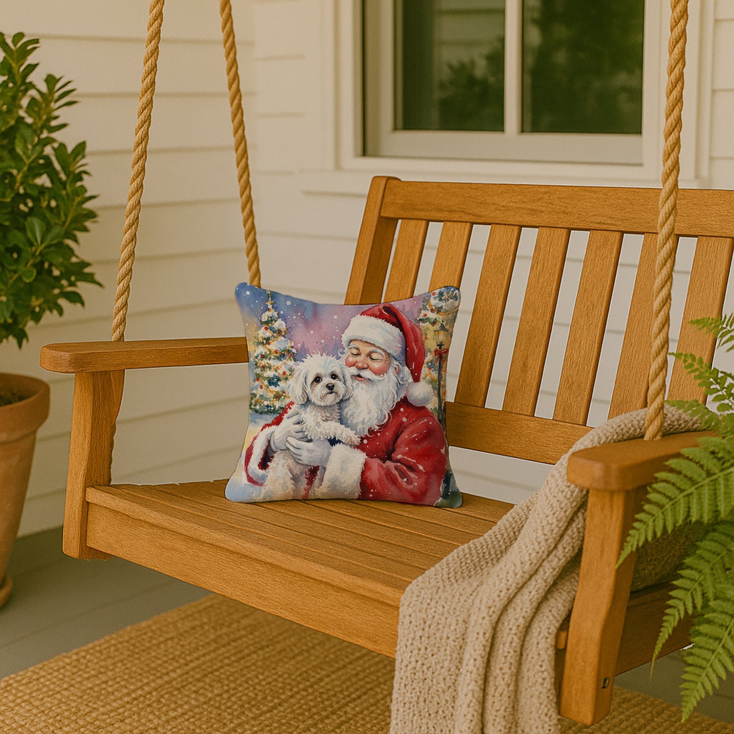Bichon Frise with Santa Claus Decorative Throw Pillow 14x14 Indoor Outdoor Accent Cushion, Fabric Cover with Insert for Sofa, Bed, Porch & Living Room