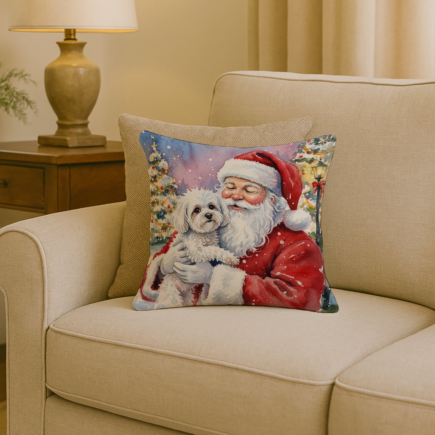 Bichon Frise with Santa Claus Decorative Throw Pillow 18x18 Indoor Outdoor Accent Cushion, Fabric Cover with Insert for Sofa, Bed, Porch & Living Room