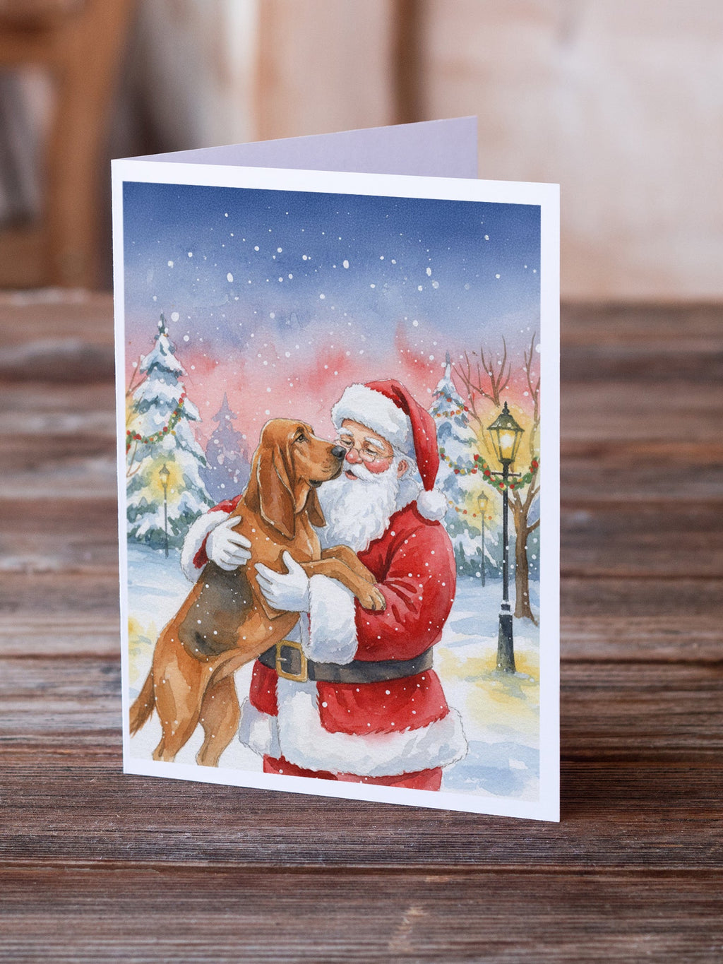 Bloodhound with Santa Claus Greeting Cards Pack of 8 Blank Cards with Envelopes Whimsical A7 Size 5x7