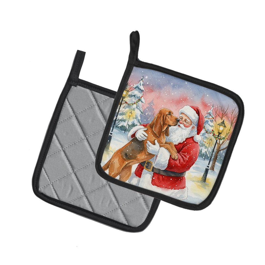 Bloodhound with Santa Claus Pot Holder Set of 2 Heat Resistant Quilted Hot Pads 7.5 x 7.5 Inch, Insulated Kitchen Trivets for Cooking & Baking