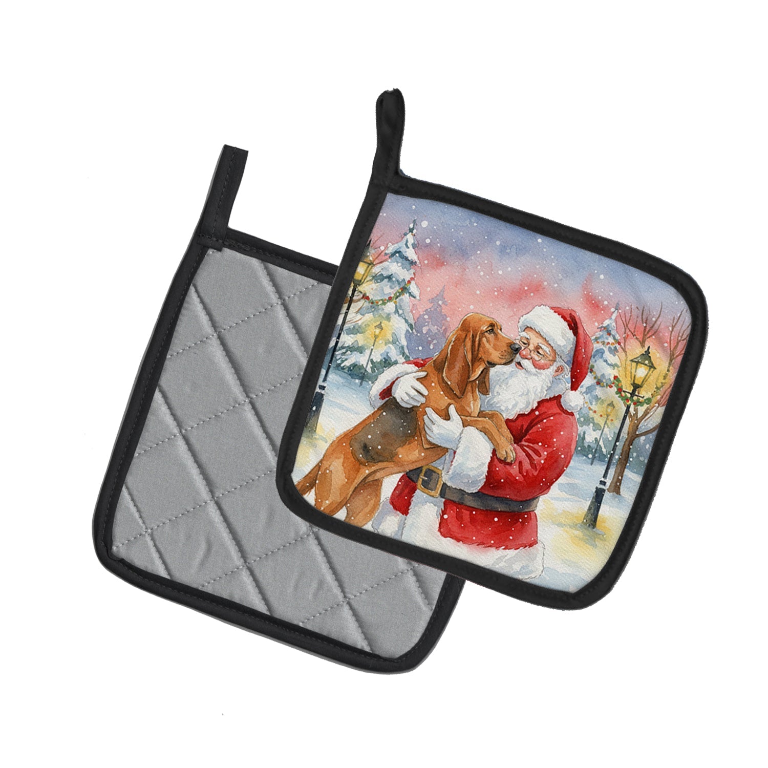 Bloodhound with Santa Claus Pot Holder Set of 2 Heat Resistant Quilted Hot Pads 7.5 x 7.5 Inch, Insulated Kitchen Trivets for Cooking & Baking