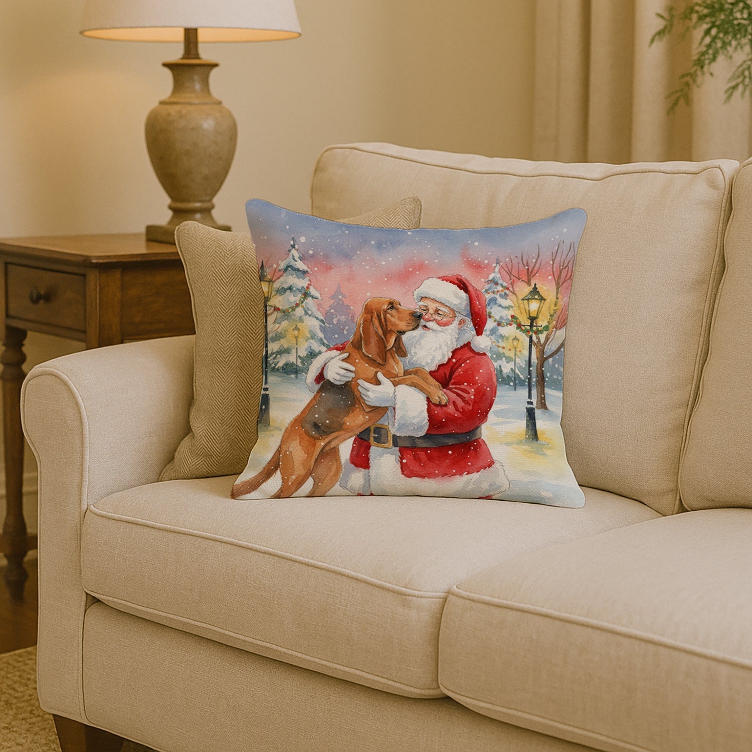 Bloodhound with Santa Claus Decorative Throw Pillow 14x14 Indoor Outdoor Accent Cushion, Fabric Cover with Insert for Sofa, Bed, Porch & Living Room