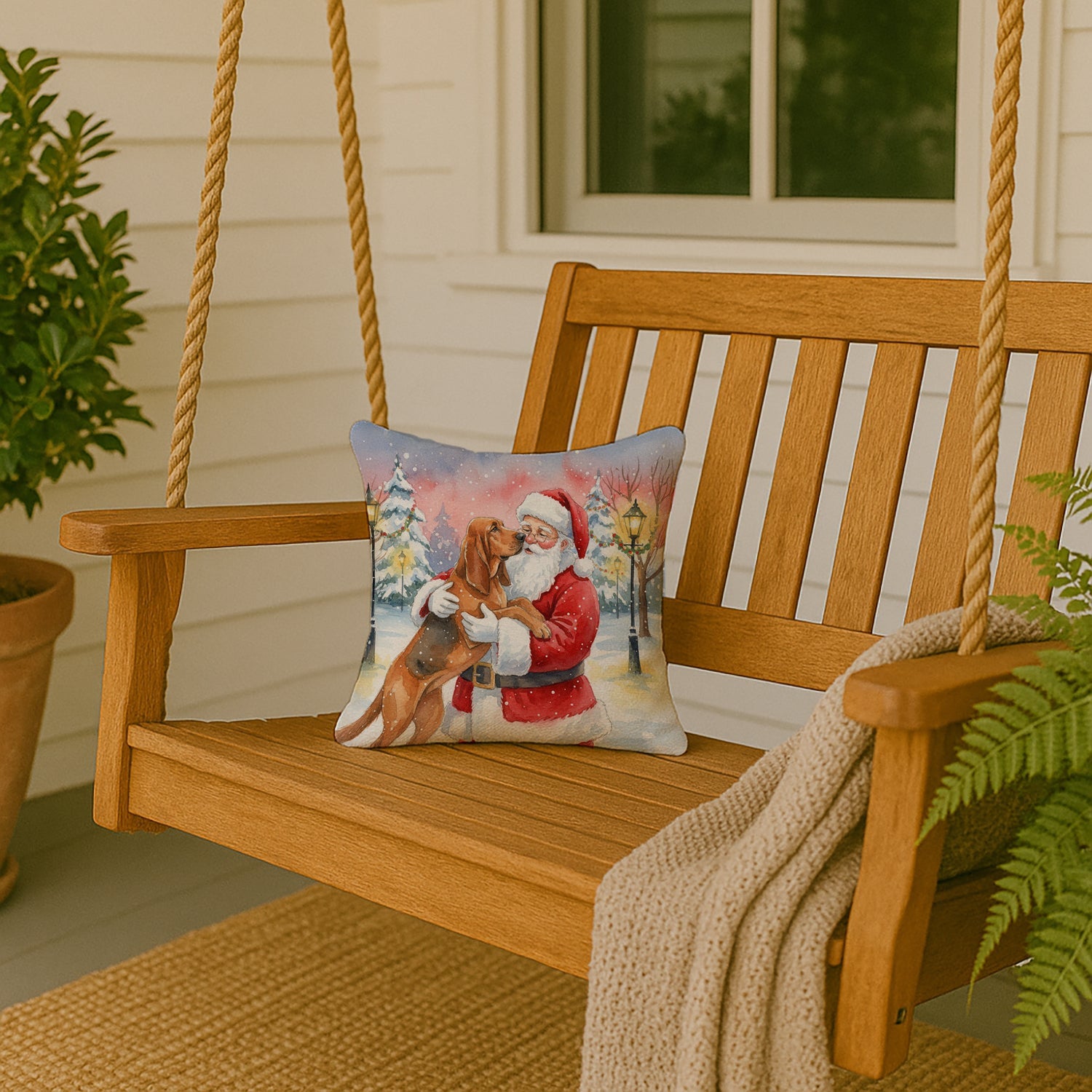 Bloodhound with Santa Claus Decorative Throw Pillow 14x14 Indoor Outdoor Accent Cushion, Fabric Cover with Insert for Sofa, Bed, Porch & Living Room
