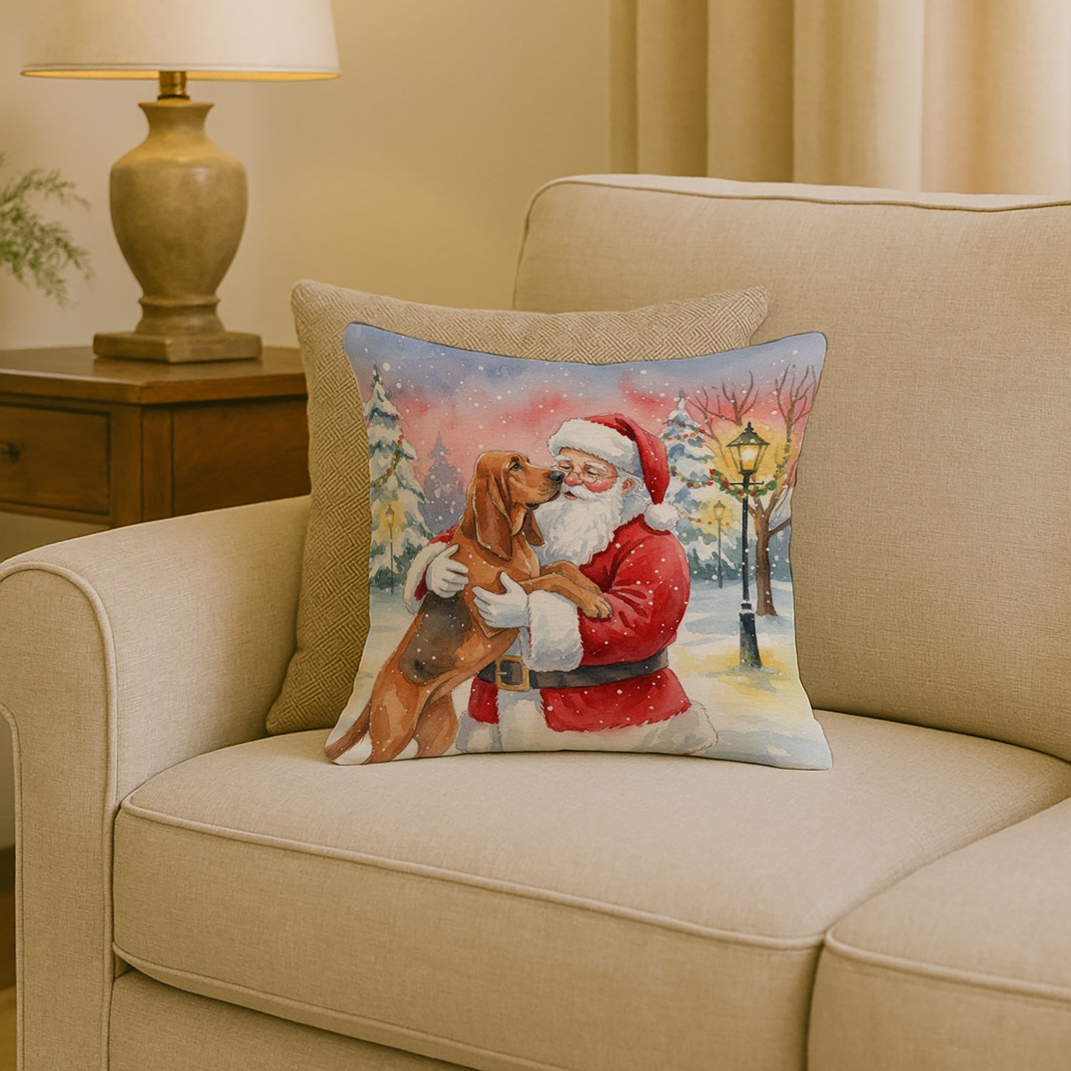 Bloodhound with Santa Claus Decorative Throw Pillow 18x18 Indoor Outdoor Accent Cushion, Fabric Cover with Insert for Sofa, Bed, Porch & Living Room