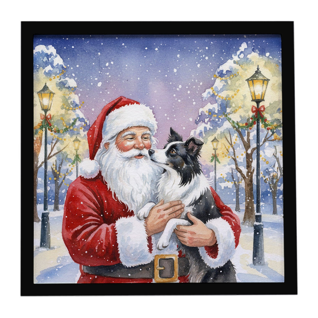 Border Collie with Santa Claus Framed Metal Print Bathroom, Kitchen, Office, Home Decor Wall Art Ready to Hang, Square, 8X8