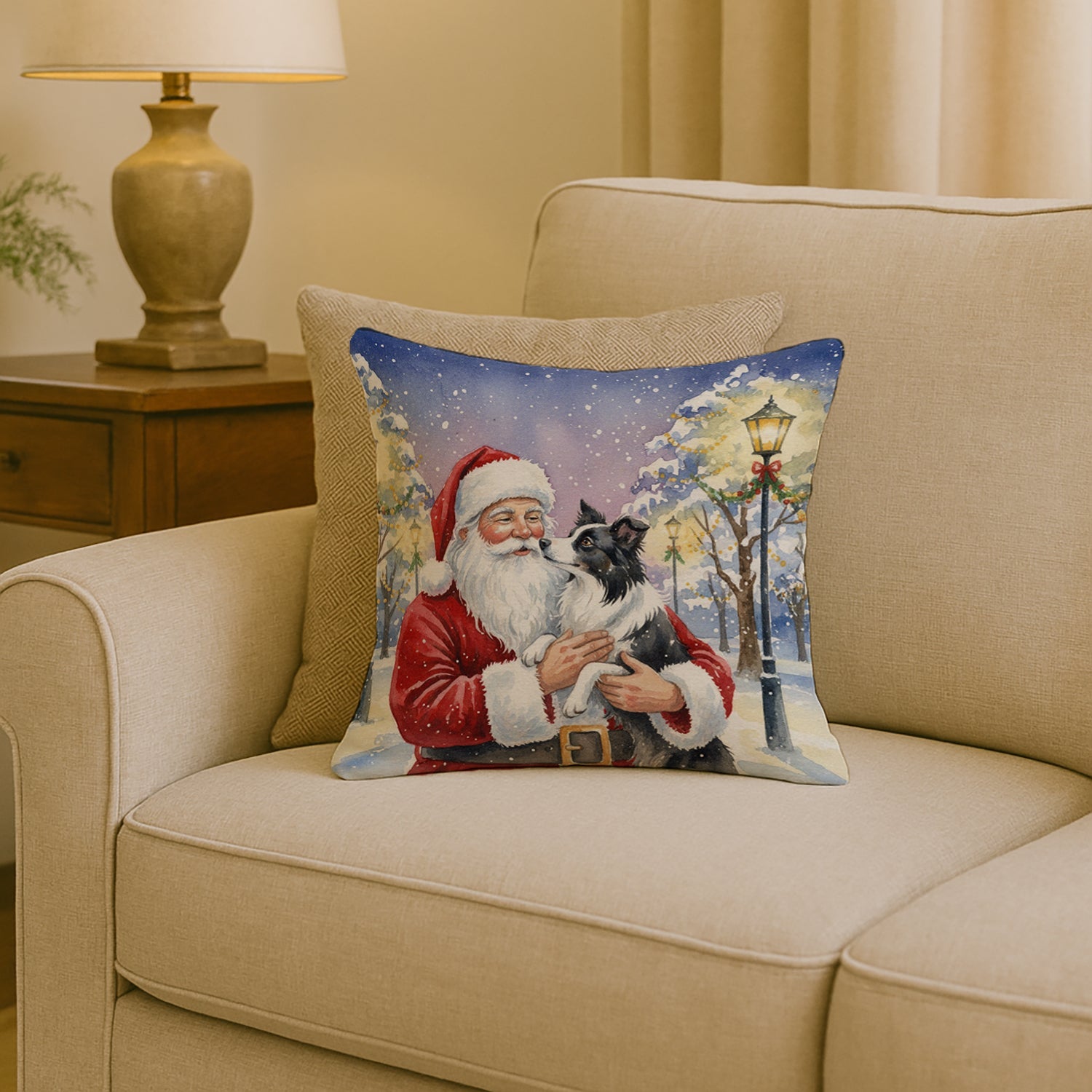 Border Collie with Santa Claus Decorative Throw Pillow 18x18 Indoor Outdoor Accent Cushion, Fabric Cover with Insert for Sofa, Bed, Porch & Living Room