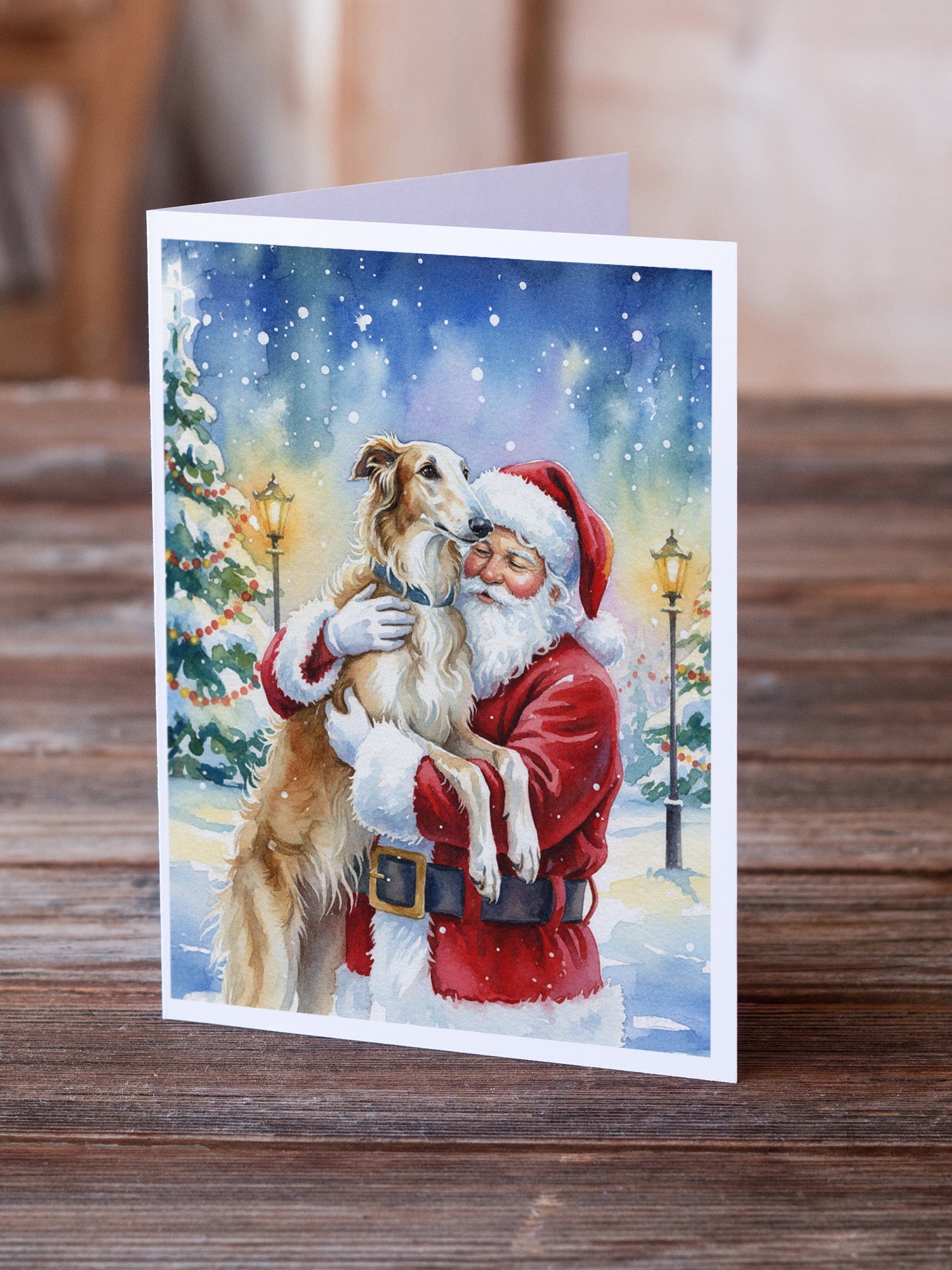 Borzoi/ with Santa Claus Greeting Cards Pack of 8 Blank Cards with Envelopes Whimsical A7 Size 5x7