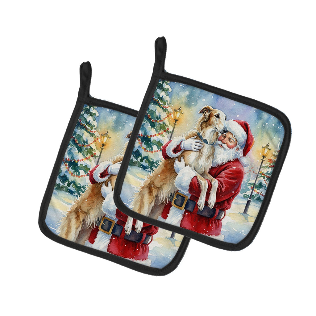 Borzoi/ with Santa Claus Pot Holder Set of 2 Heat Resistant Quilted Hot Pads 7.5 x 7.5 Inch, Insulated Kitchen Trivets for Cooking & Baking