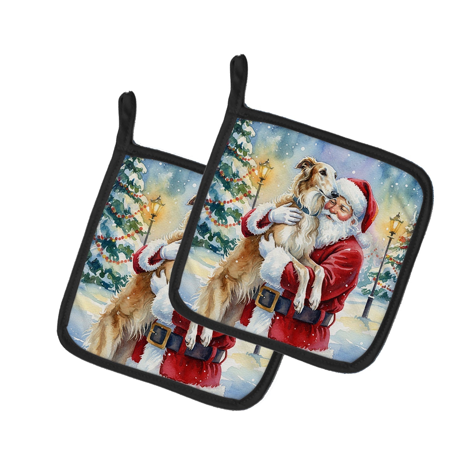Borzoi/ with Santa Claus Pot Holder Set of 2 Heat Resistant Quilted Hot Pads 7.5 x 7.5 Inch, Insulated Kitchen Trivets for Cooking & Baking