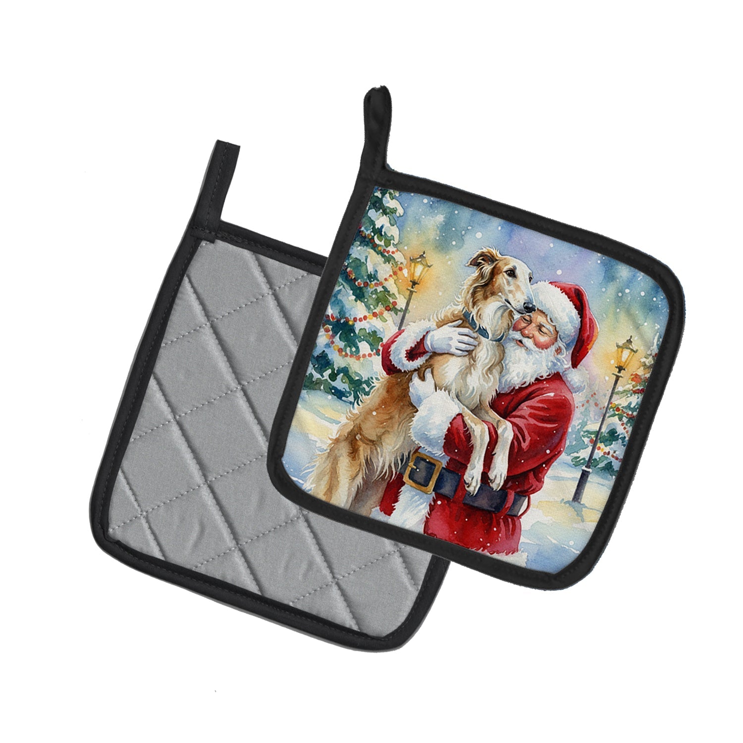 Borzoi/ with Santa Claus Pot Holder Set of 2 Heat Resistant Quilted Hot Pads 7.5 x 7.5 Inch, Insulated Kitchen Trivets for Cooking & Baking