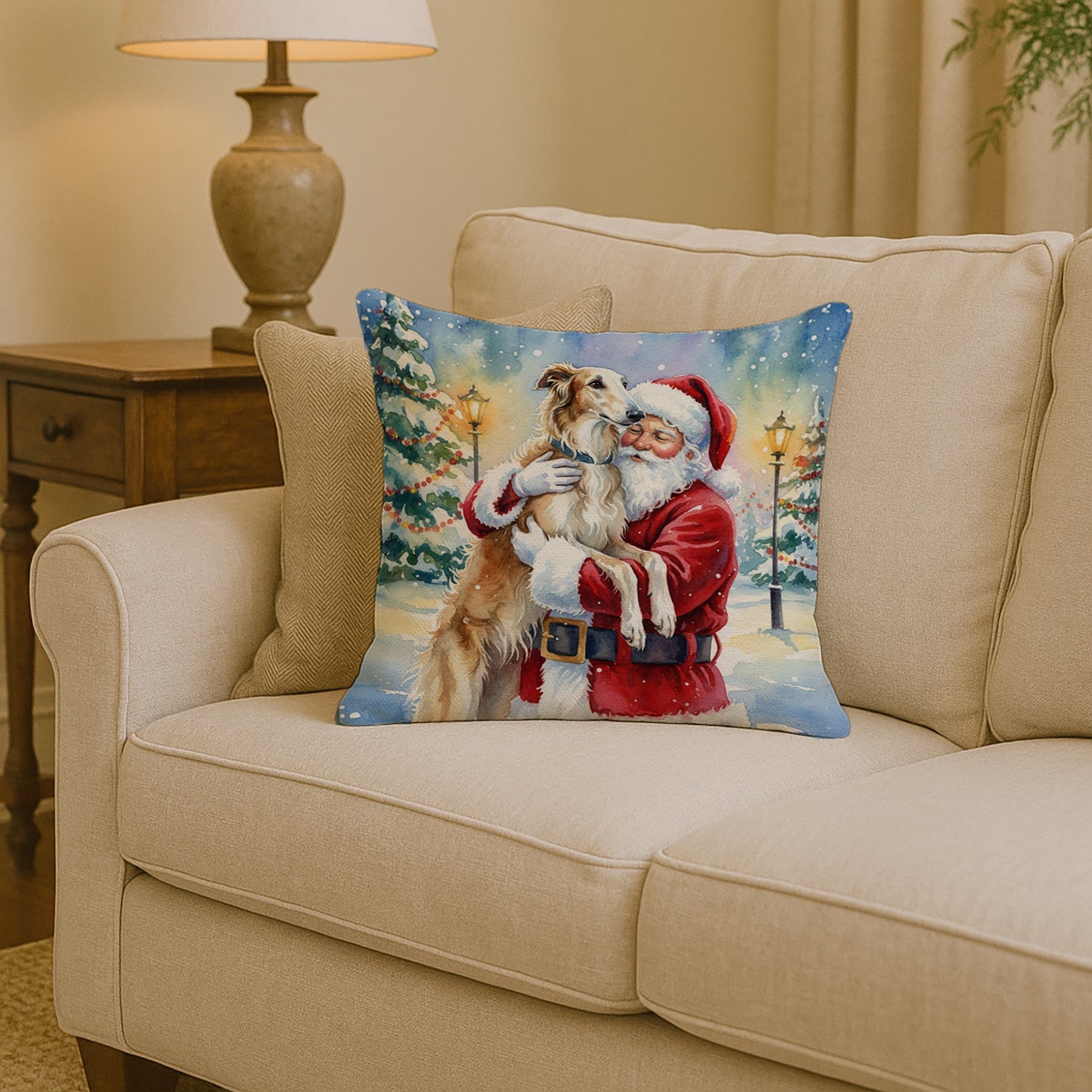 Borzoi/ with Santa Claus Decorative Throw Pillow 14x14 Indoor Outdoor Accent Cushion, Fabric Cover with Insert for Sofa, Bed, Porch & Living Room