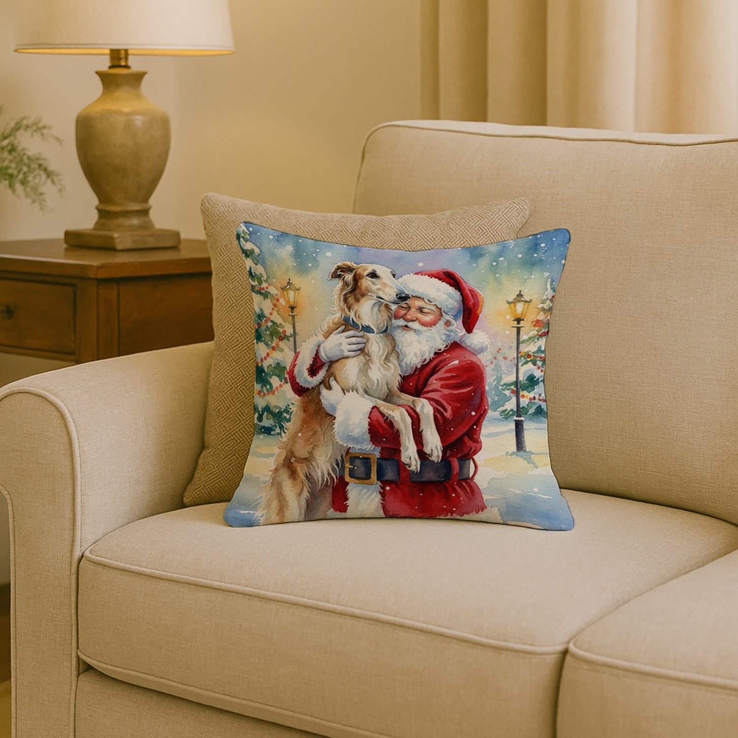 Borzoi/ with Santa Claus Decorative Throw Pillow 18x18 Indoor Outdoor Accent Cushion, Fabric Cover with Insert for Sofa, Bed, Porch & Living Room